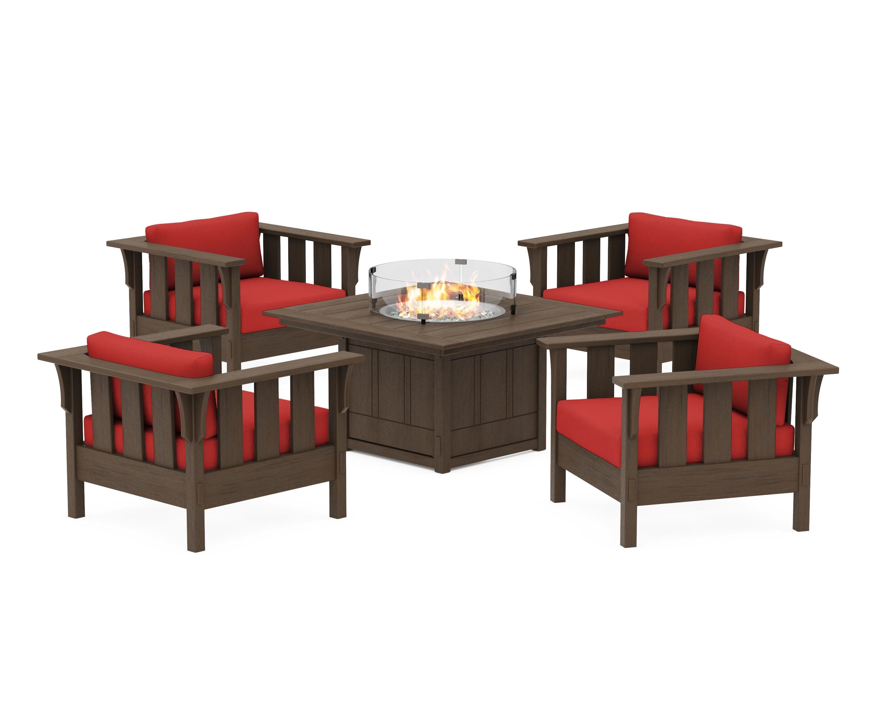 Acadia 5-Piece Deep Seating Set with Fire Pit Table in Kona / Crimson Linen