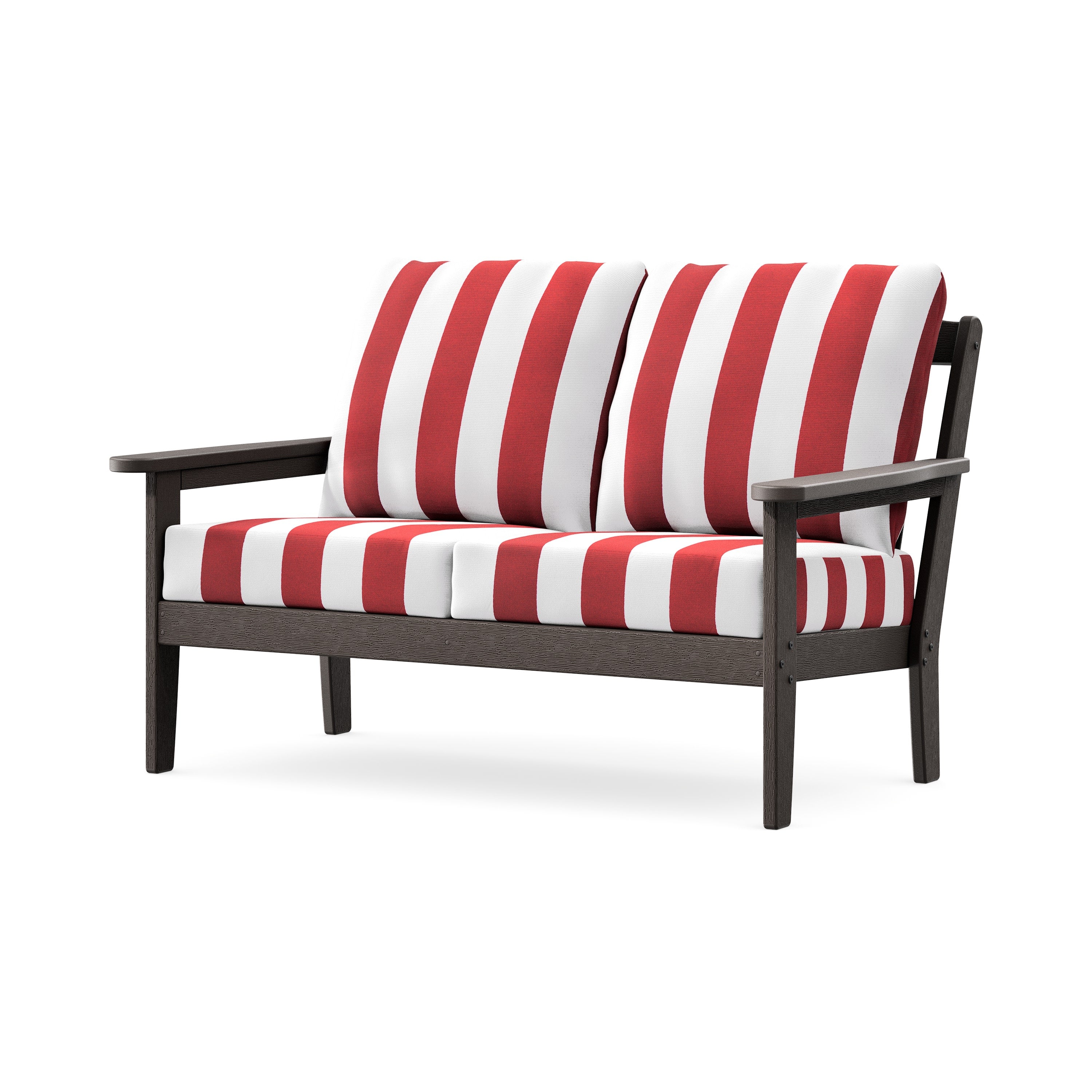 Cottage Deep Seating Loveseat in Vintage Coffee / Cabana Stripe Crimson