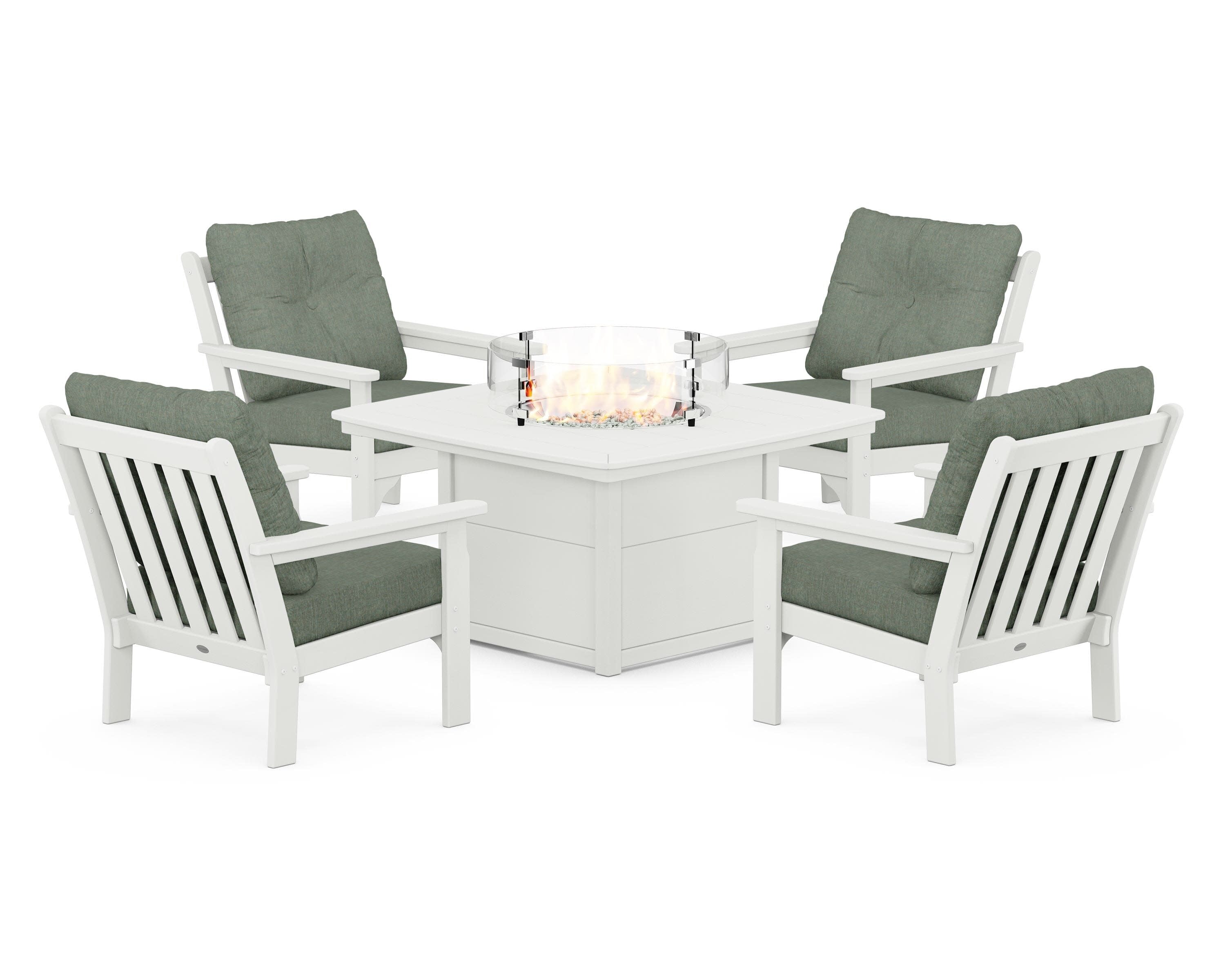 Vineyard 5-Piece Conversation Set with Fire Pit Table in Vintage White / Cast Sage
