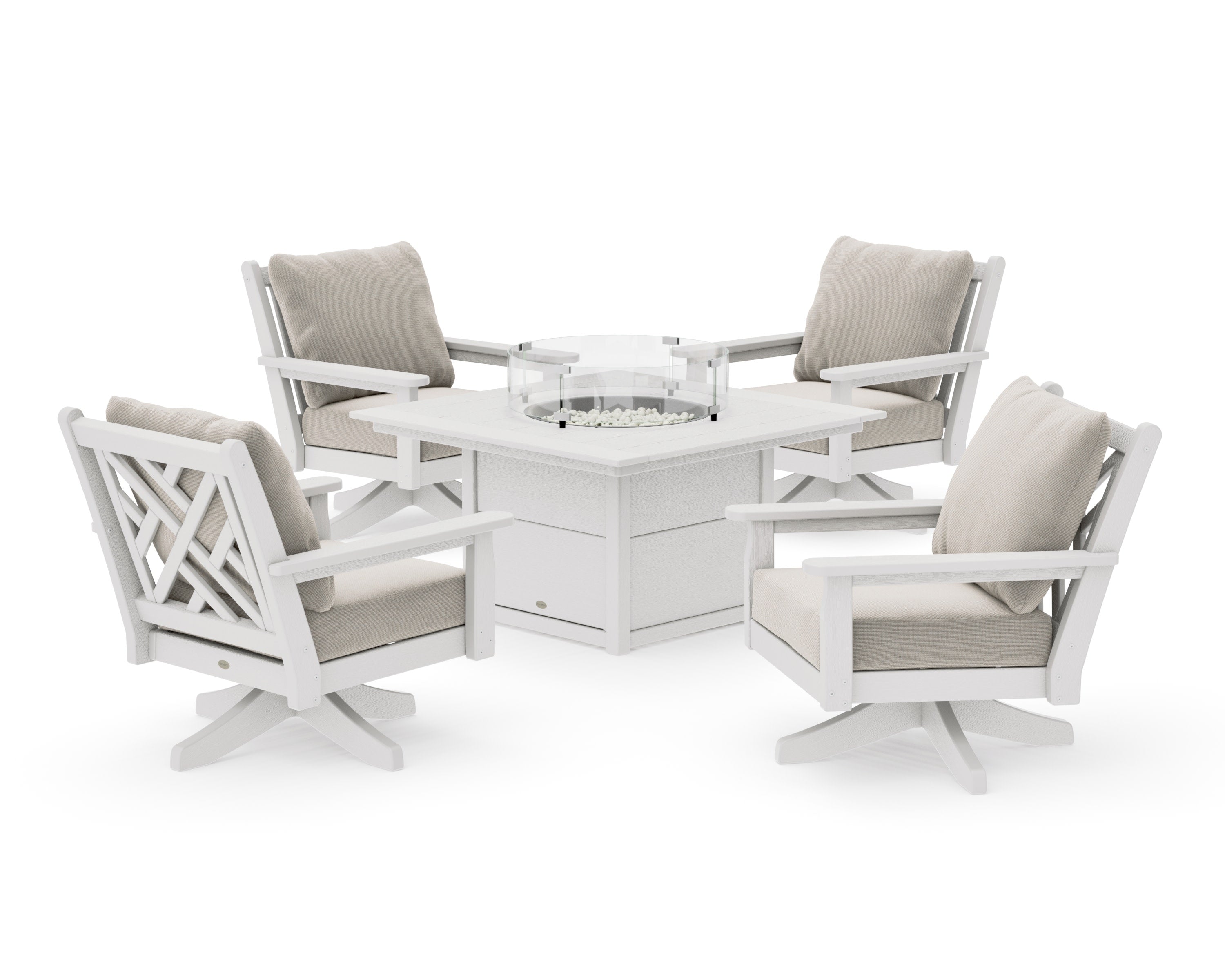 Chippendale 5-Piece Deep Seating Swivel Conversation Set with Fire Pit Table in Vintage White / Dune Burlap