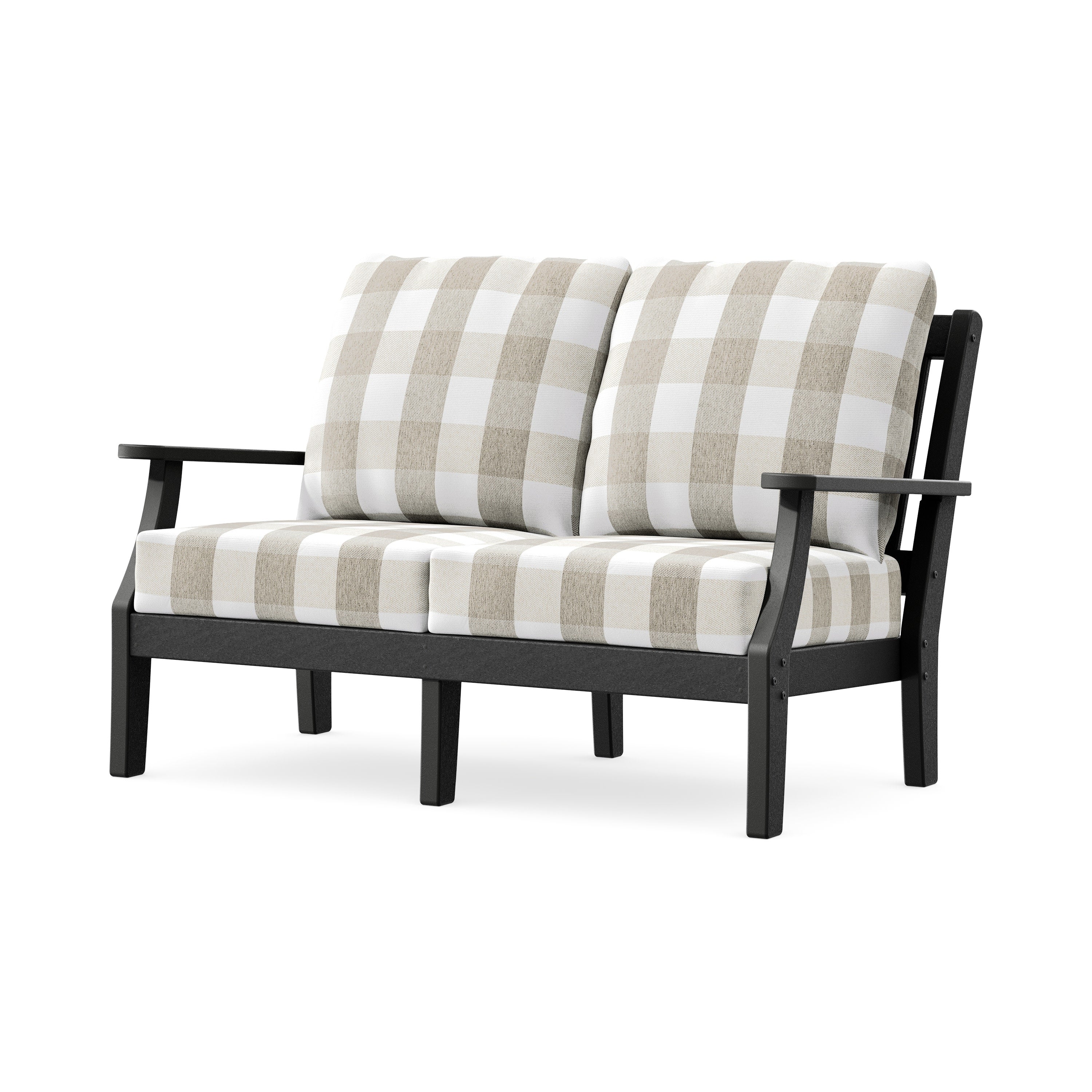 Chinoiserie Deep Seating Loveseat in Black / Buffalo Plaid Dune Burlap