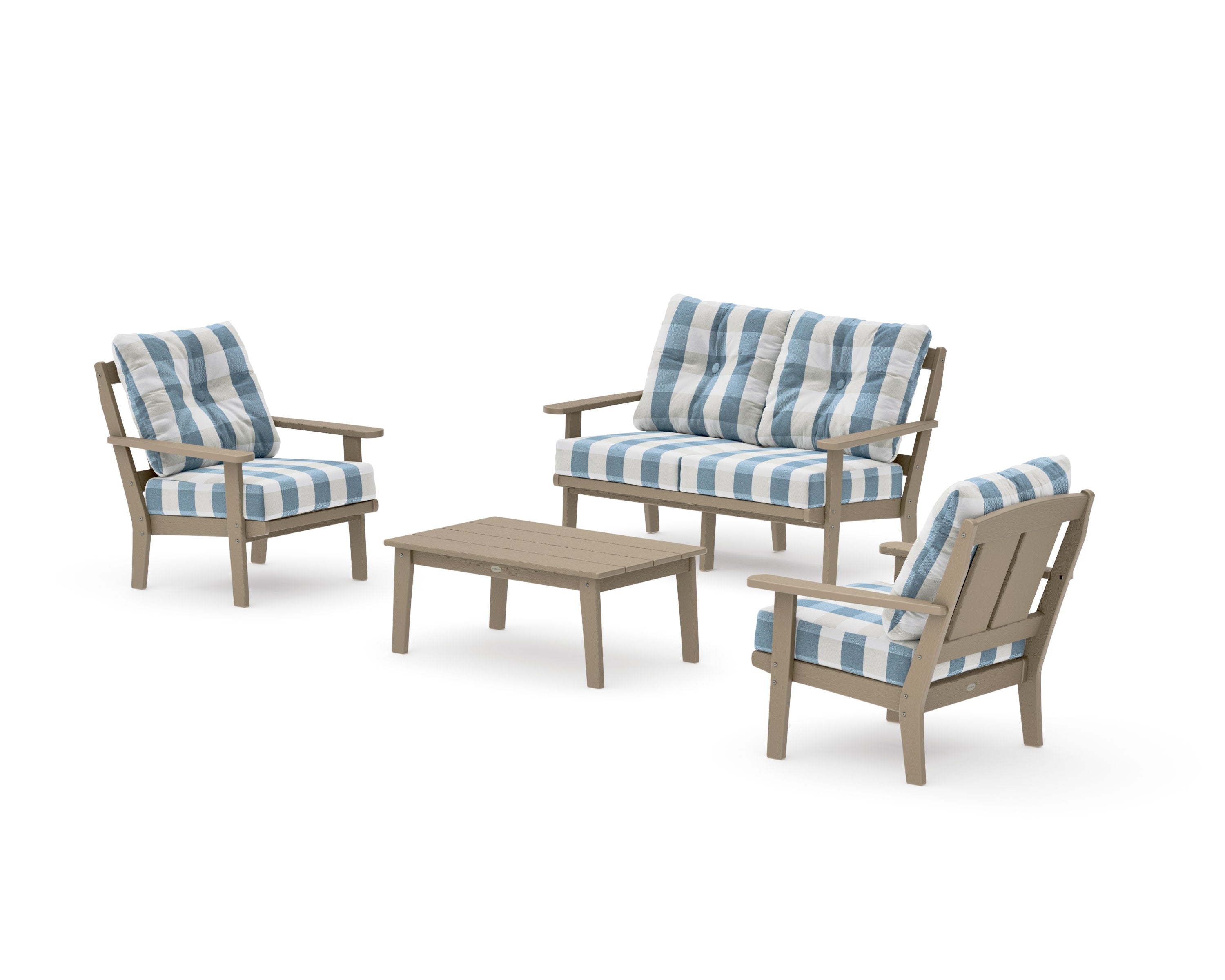 Mission 4-Piece Deep Seating Set with Loveseat in Vintage Sahara / Buffalo Plaid Sky Blue
