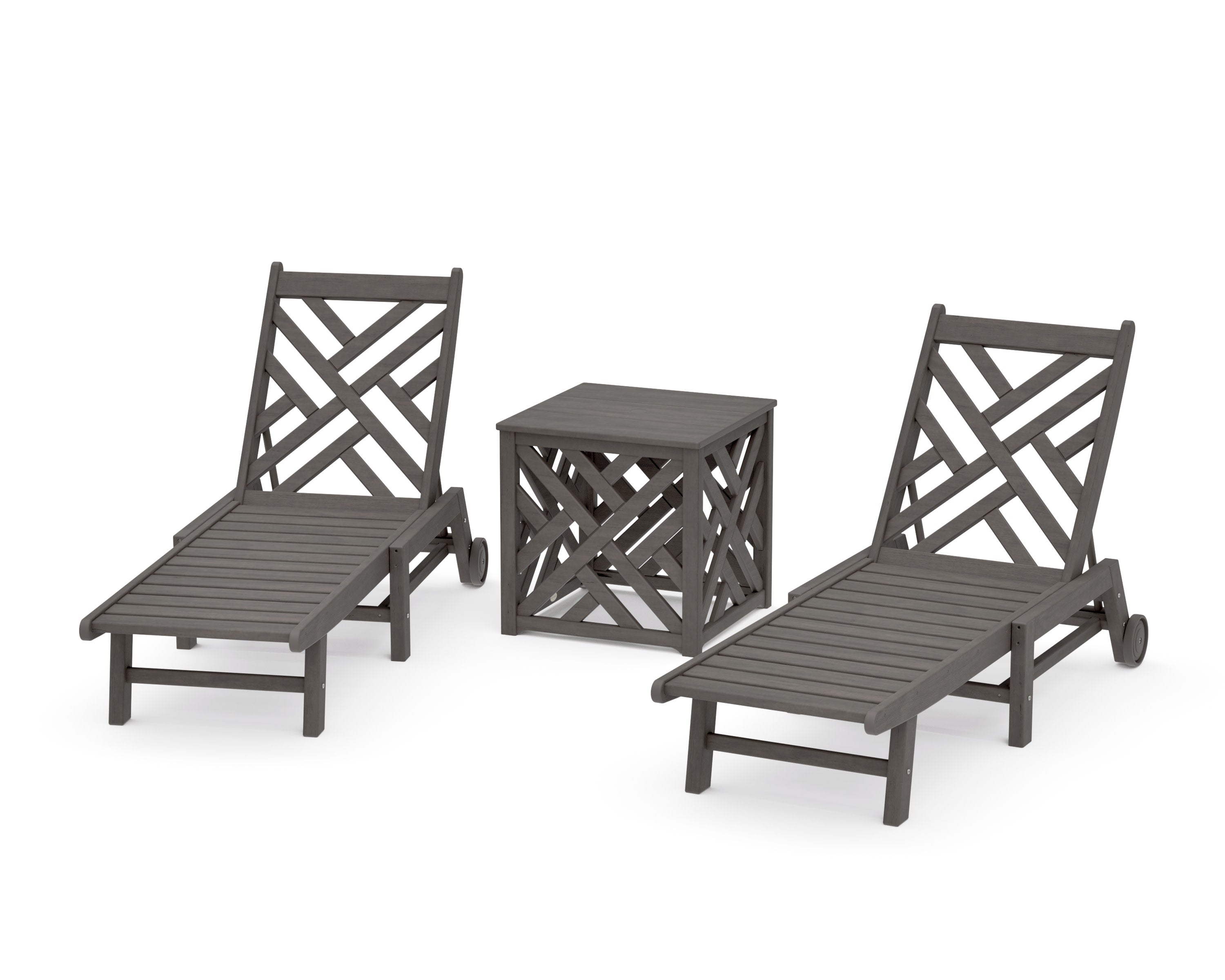 Chippendale 3-Piece Chaise Set with Wheels and Umbrella Stand Accent Table in Driftwood