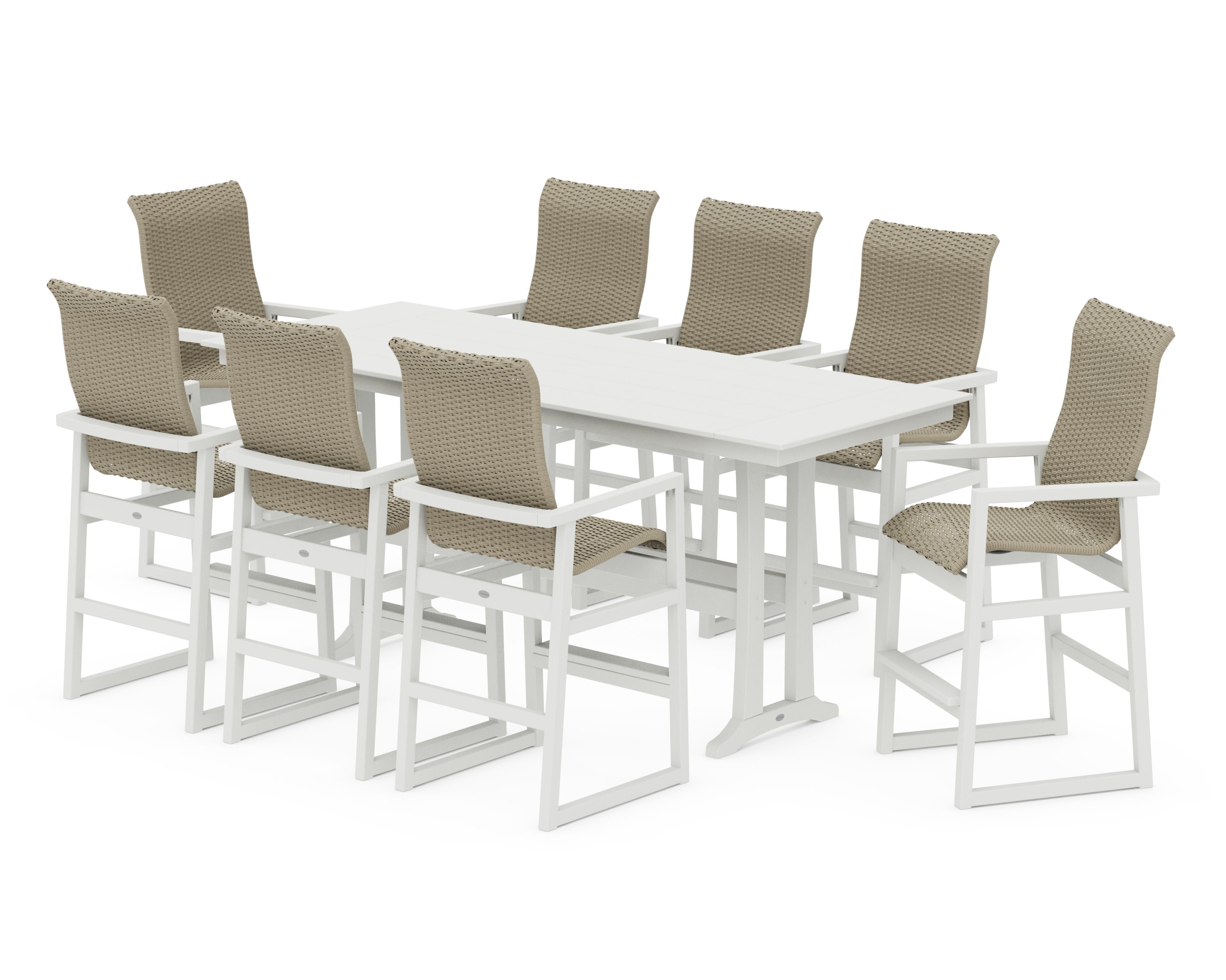 EDGE Woven Highback 9-Piece Farmhouse Bar Set with Trestle Legs in Vintage White / Dune Grass