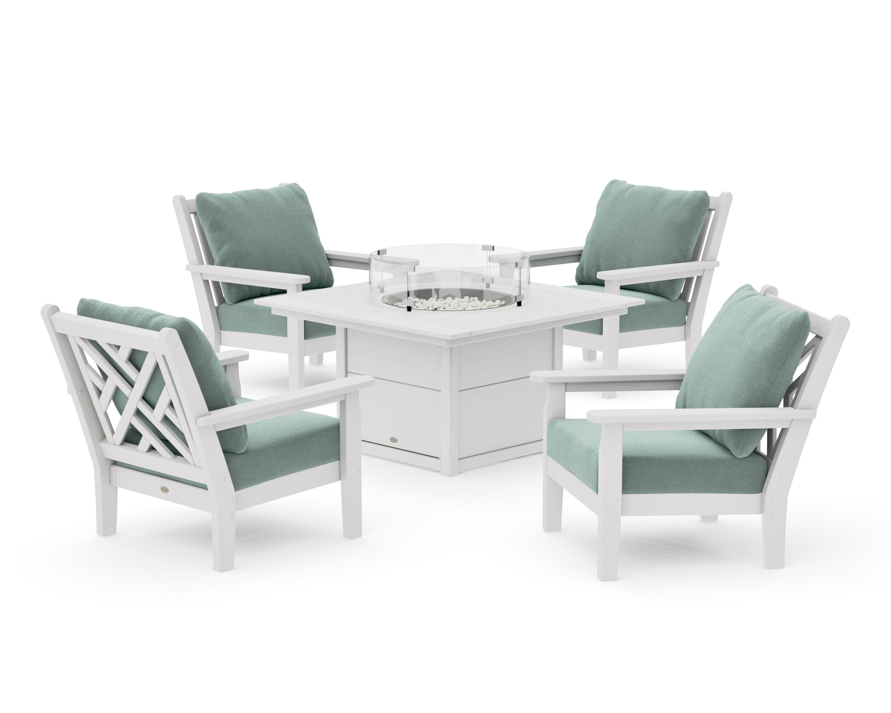 Chippendale 5-Piece Deep Seating Set with Fire Pit Table in Vintage White / Glacier Spa