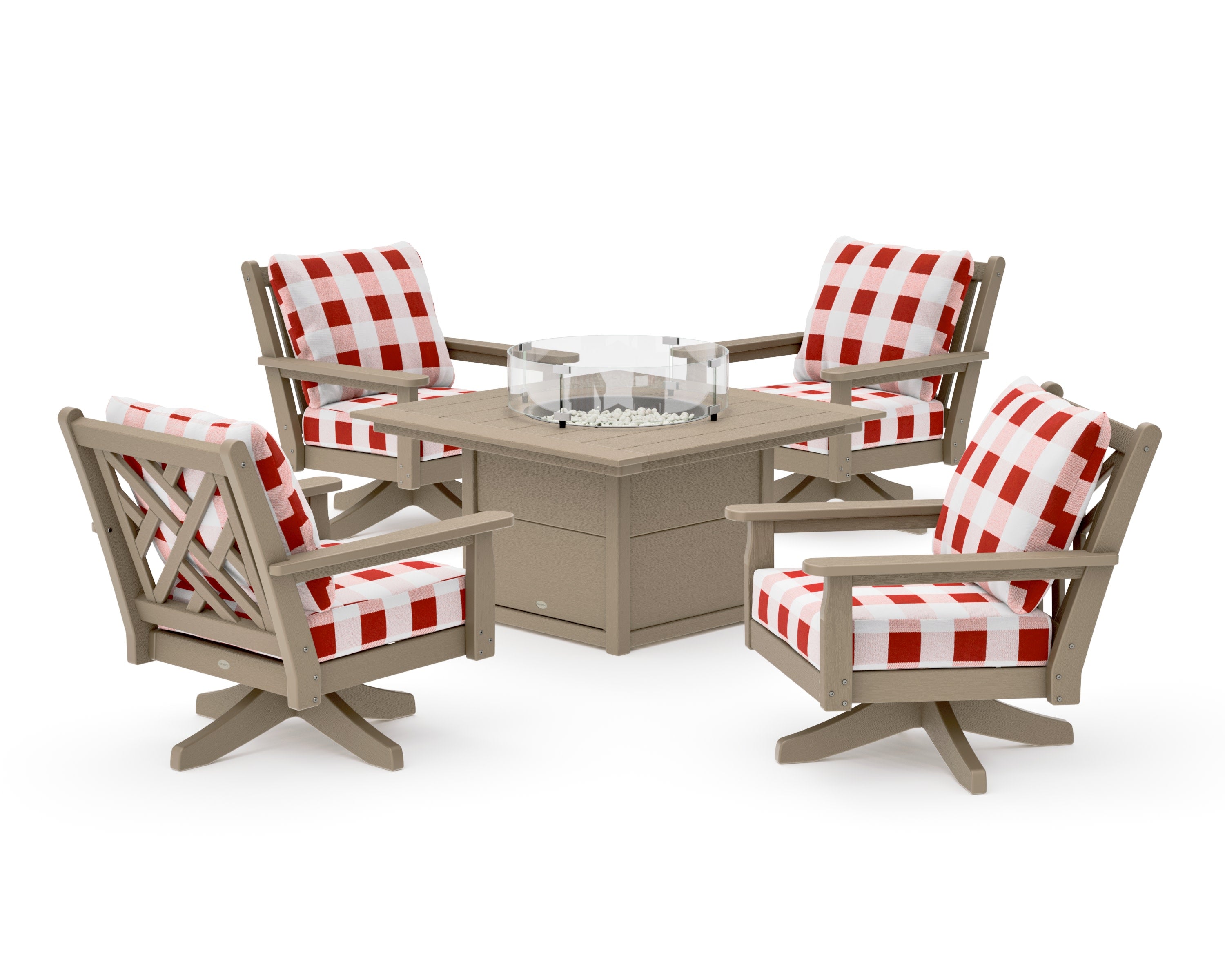 Chippendale 5-Piece Deep Seating Swivel Conversation Set with Fire Pit Table in Vintage Sahara / Buffalo Plaid Crimson