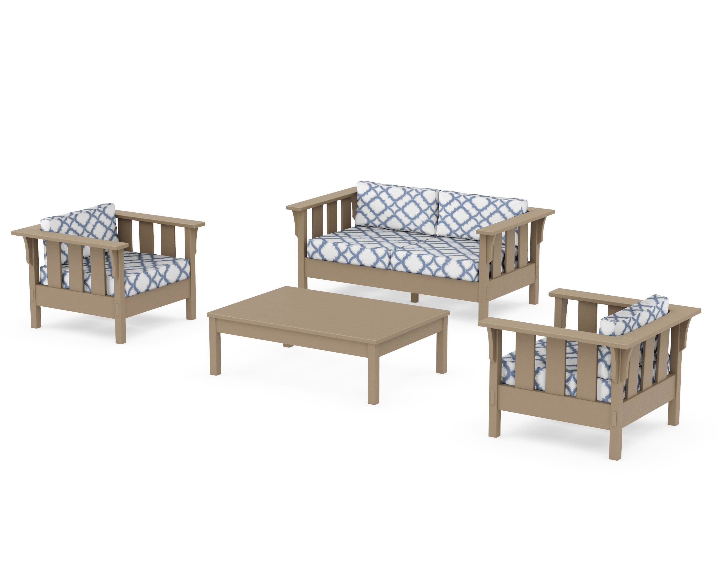 Acadia 4-Piece Deep Seating Set with Loveseat in Vintage Sahara / Trellis Sky Blue