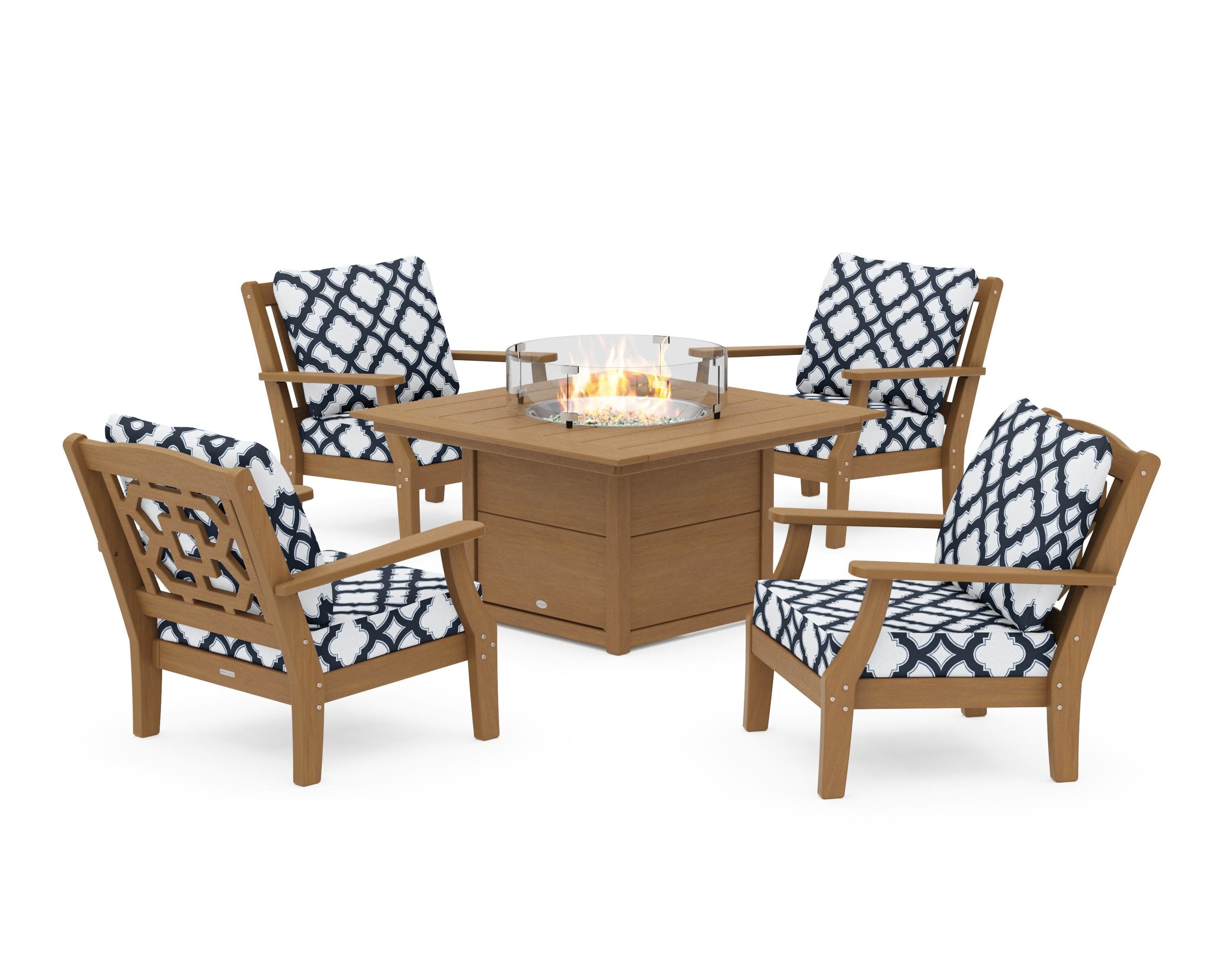 Chinoiserie 5-Piece Deep Seating Set with Fire Pit Table in Natural / Trellis Marine Indigo