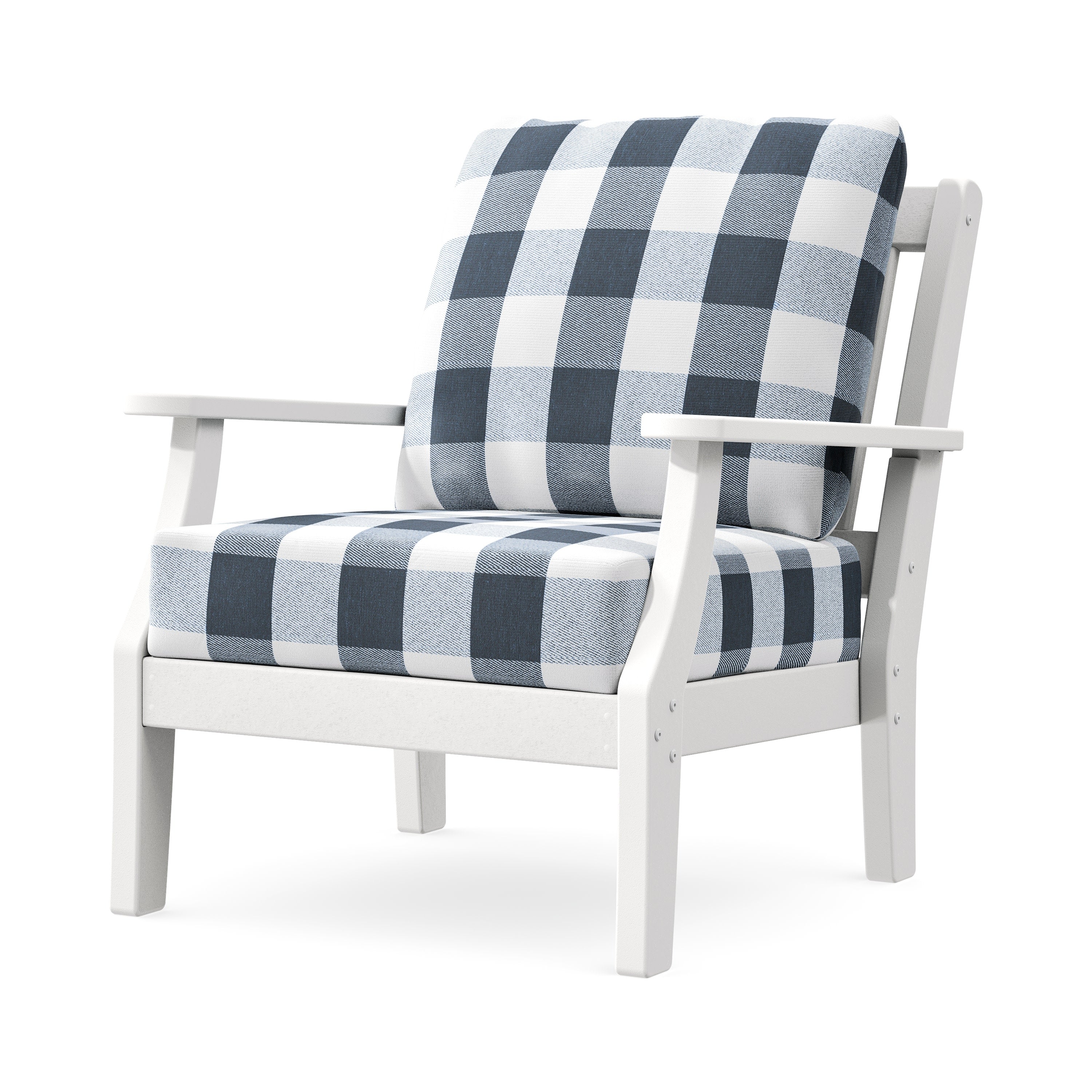 Chinoiserie Deep Seating Chair in White / Buffalo Plaid Marine Indigo