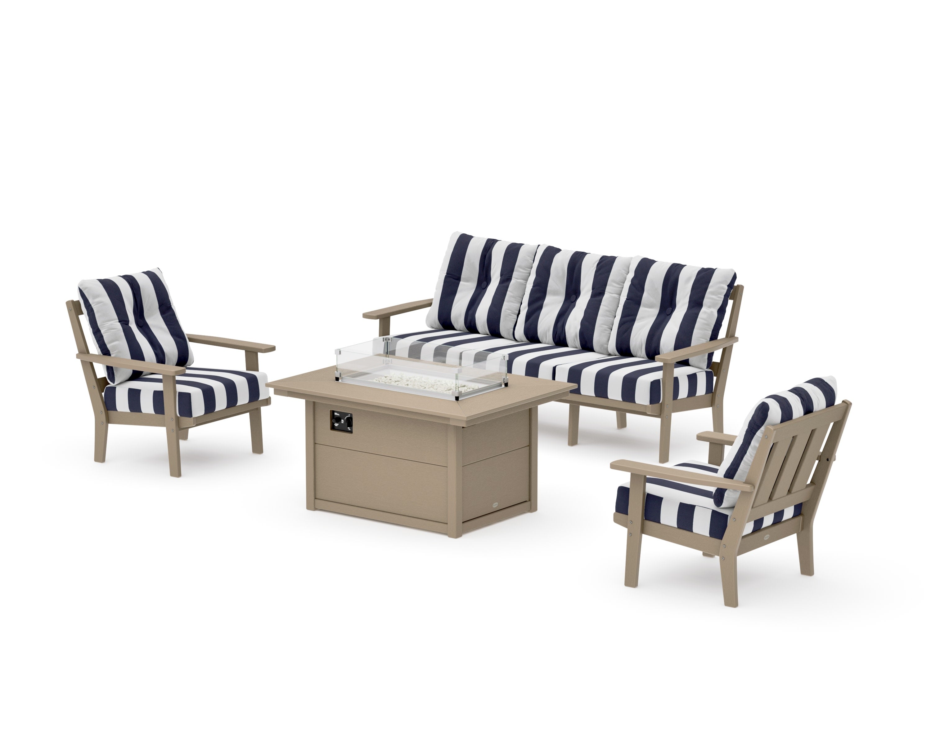 Oxford Deep Seating Fire Pit Table Set in Vintage Sahara / Cabana Stripe Navy