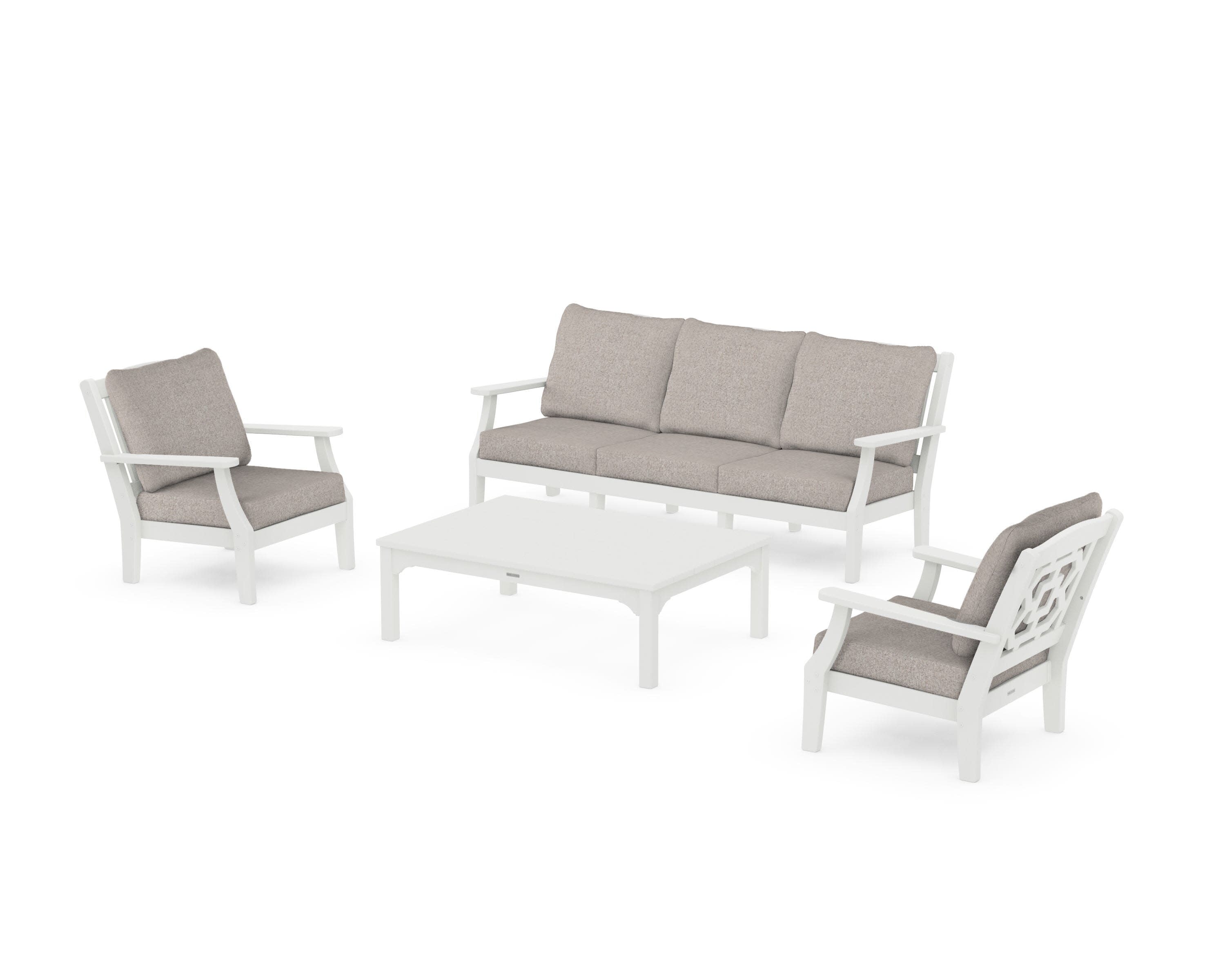 Chinoiserie 4-Piece Deep Seating Set with Sofa in Vintage White / Weathered Tweed