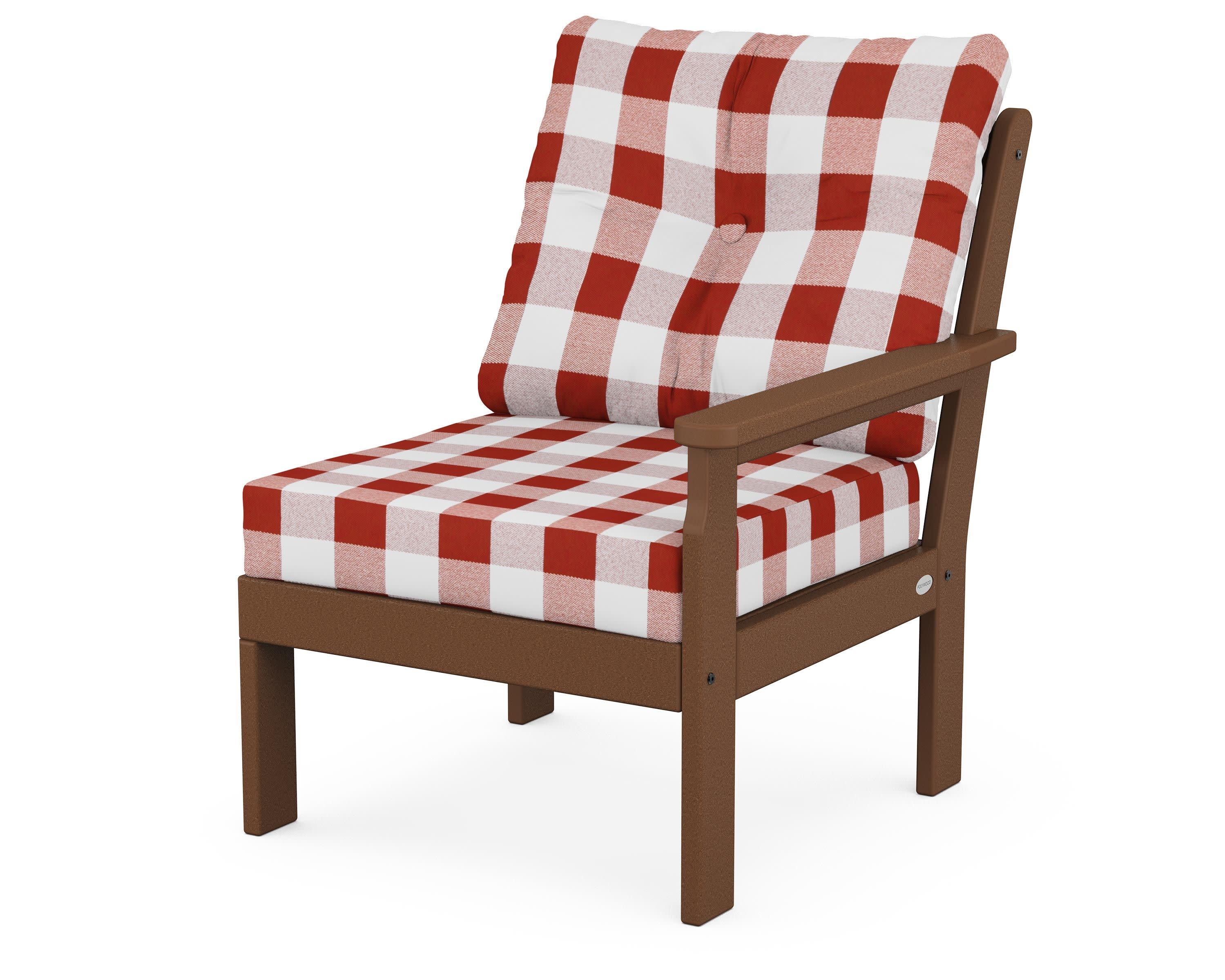 Vineyard Modular Right Arm Chair in Teak / Buffalo Plaid Crimson