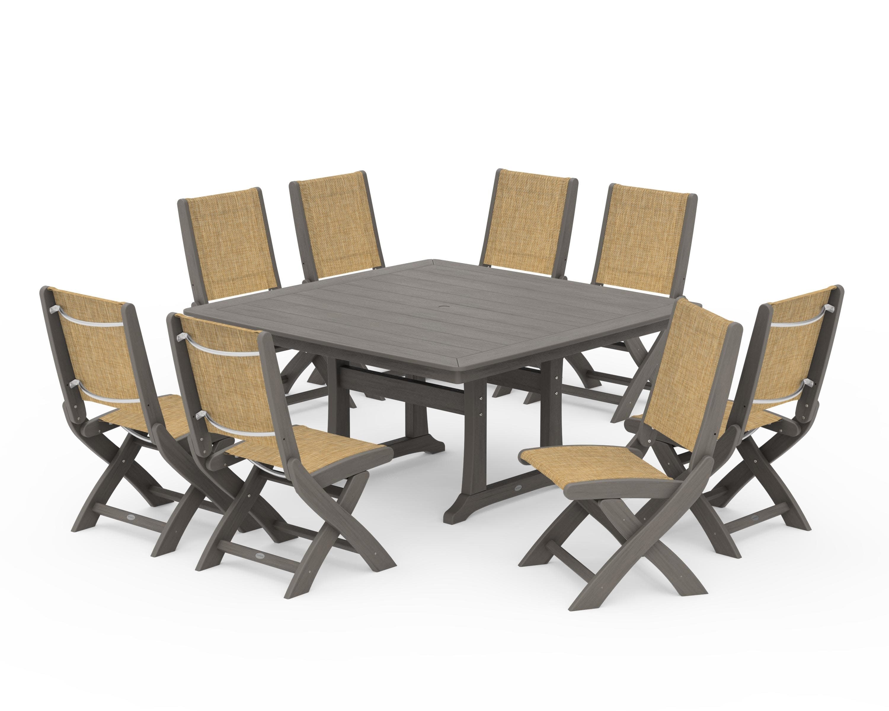 Coastal Folding Side Chair 9-Piece Dining Set with Trestle Legs in Driftwood / Burlap Sling