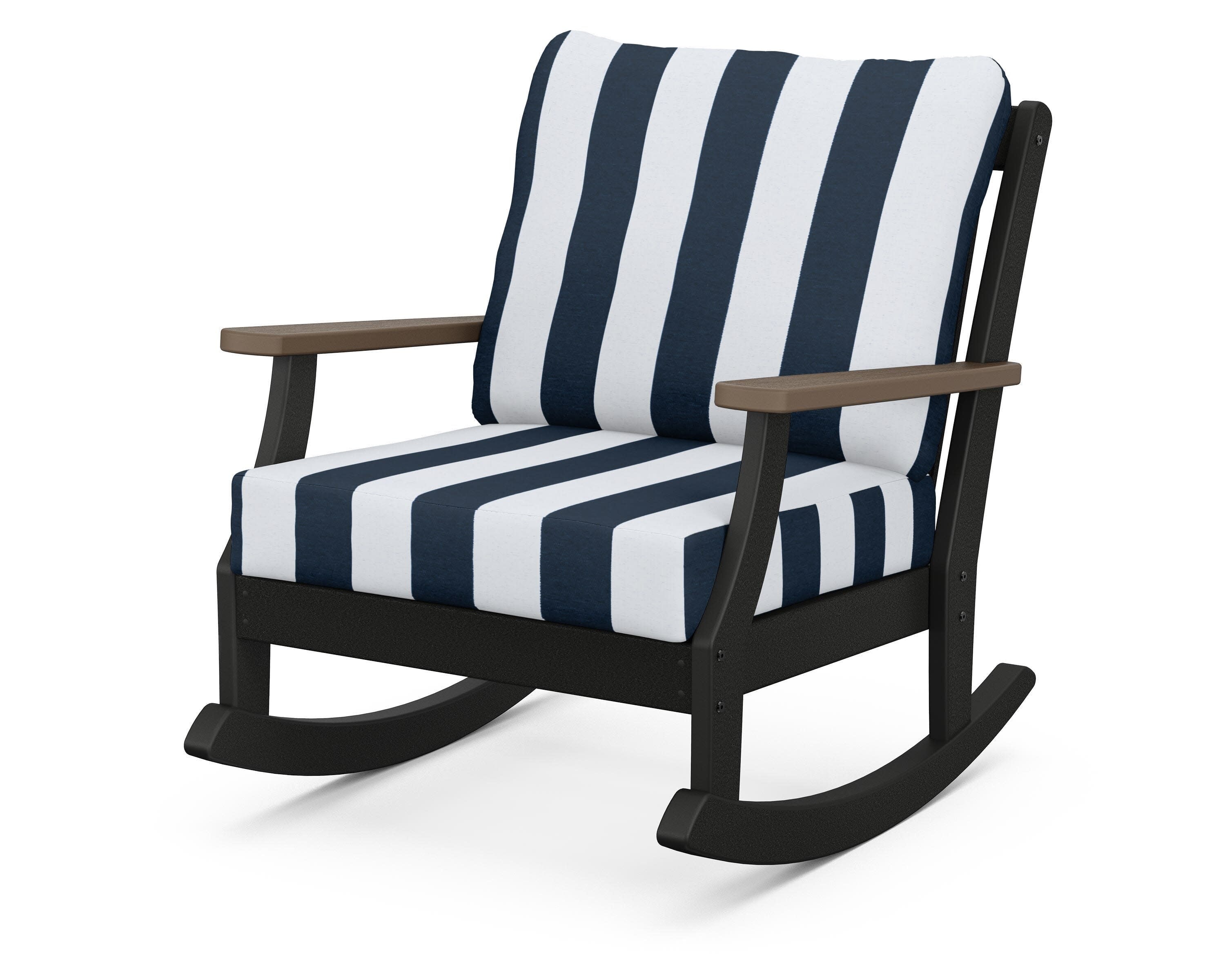Braxton Deep Seating Rocking Chair in Black / Kona / Cabana Stripe Marine Indigo
