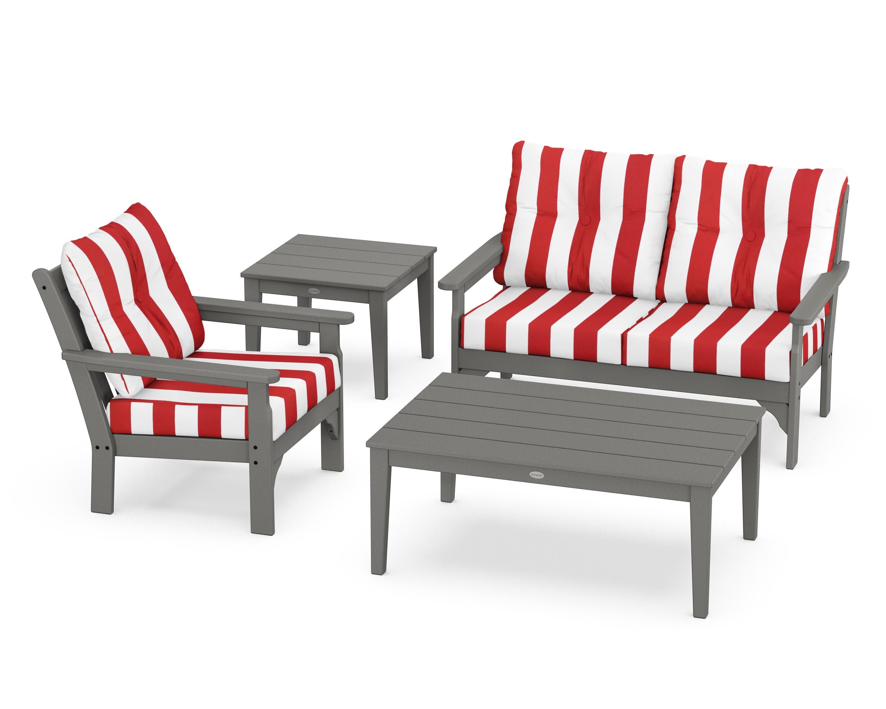 Vineyard 4-Piece Deep Seating Set in Slate Grey / Cabana Stripe Crimson