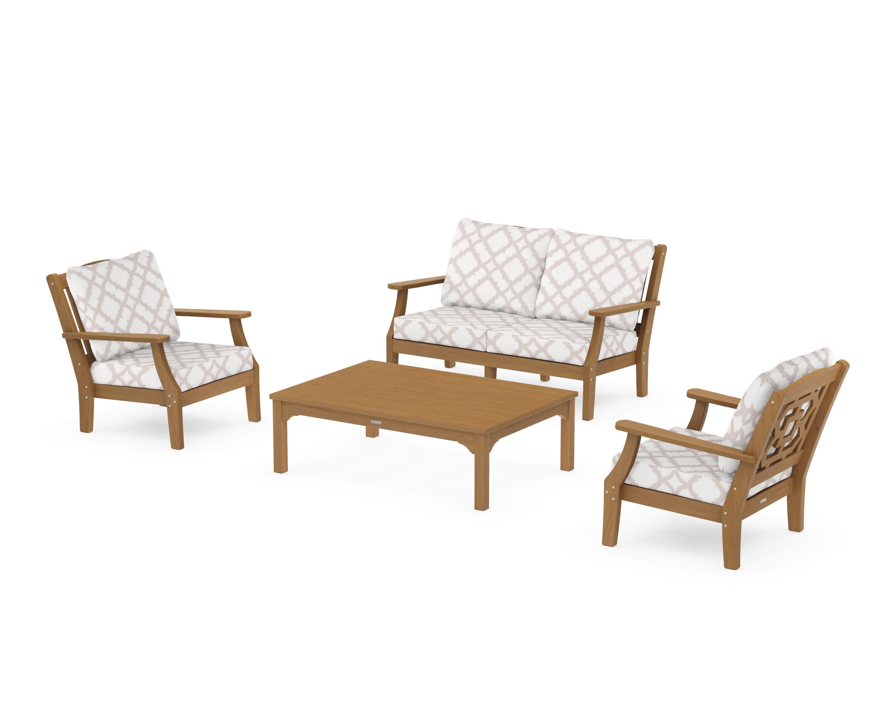 Chinoiserie 4-Piece Deep Seating Set with Loveseat in Natural / Trellis Dune Burlap