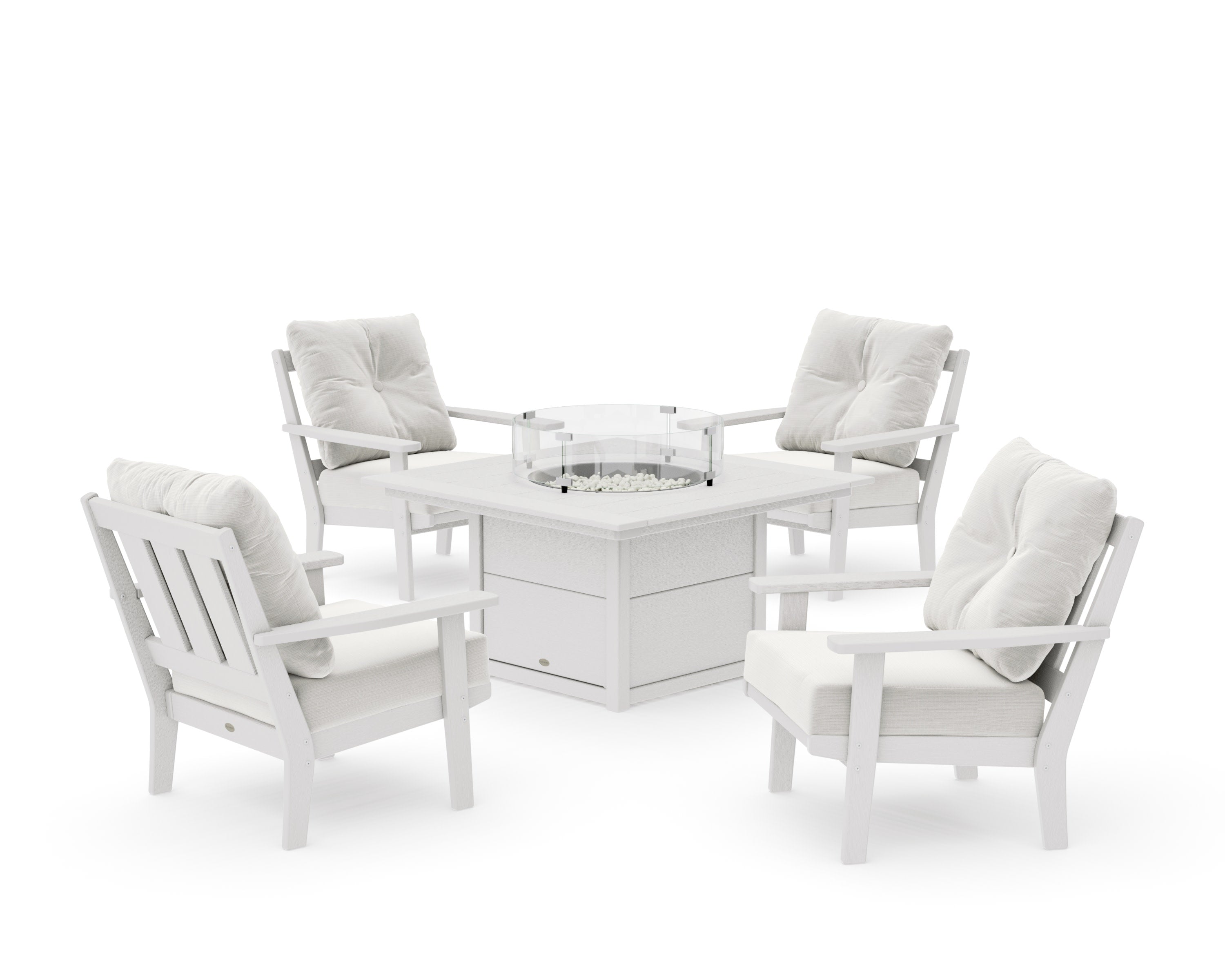 Oxford 5-Piece Deep Seating Set with Fire Pit Table in Vintage White / Natural Linen