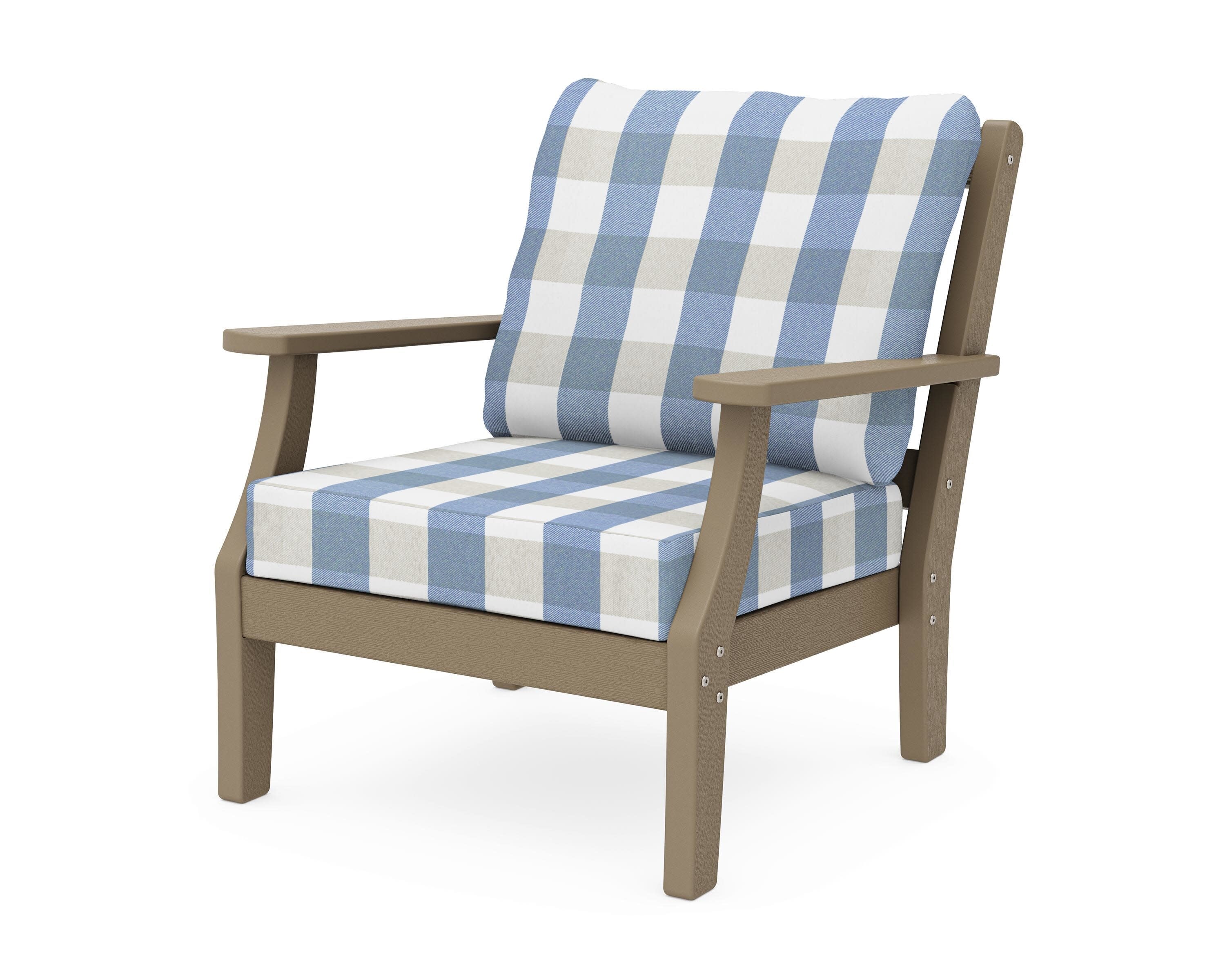 Chinoiserie Deep Seating Chair in Vintage Sahara / Buffalo Plaid Sky Blue