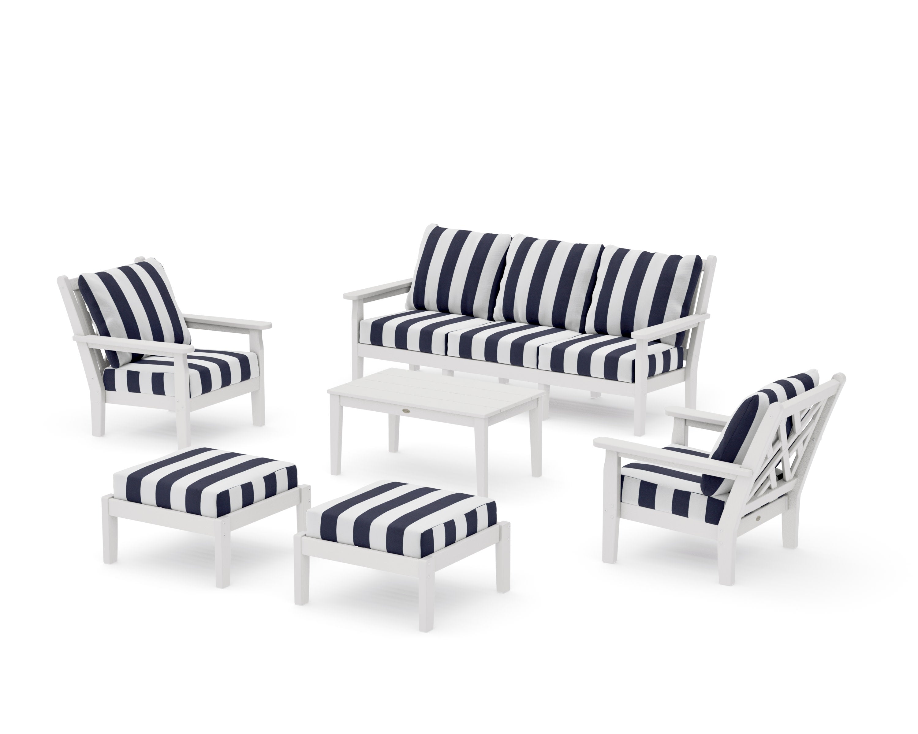 Chippendale 6-Piece Lounge Sofa Set in Vintage White / Cabana Stripe Navy