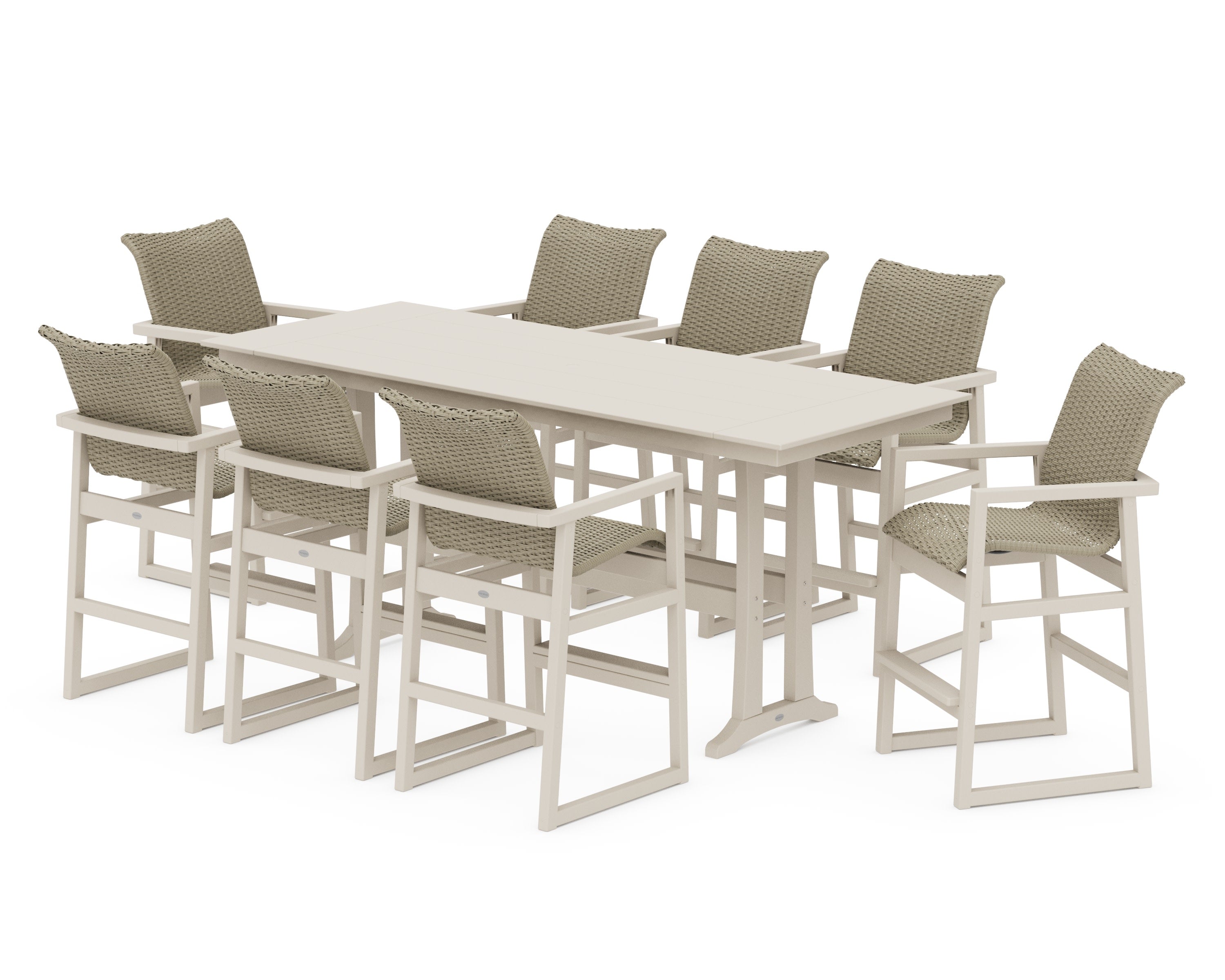 EDGE Woven 9-Piece Farmhouse Bar Set with Trestle Legs in Sand / Dune Grass