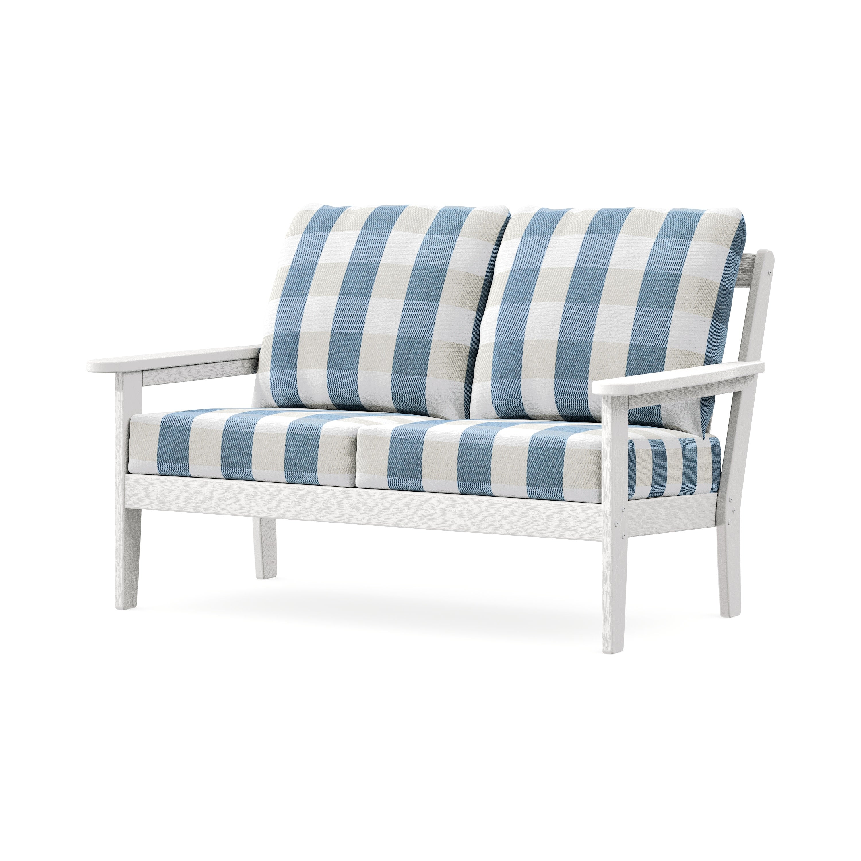 Cottage Deep Seating Loveseat in Vintage White / Buffalo Plaid Sky Blue