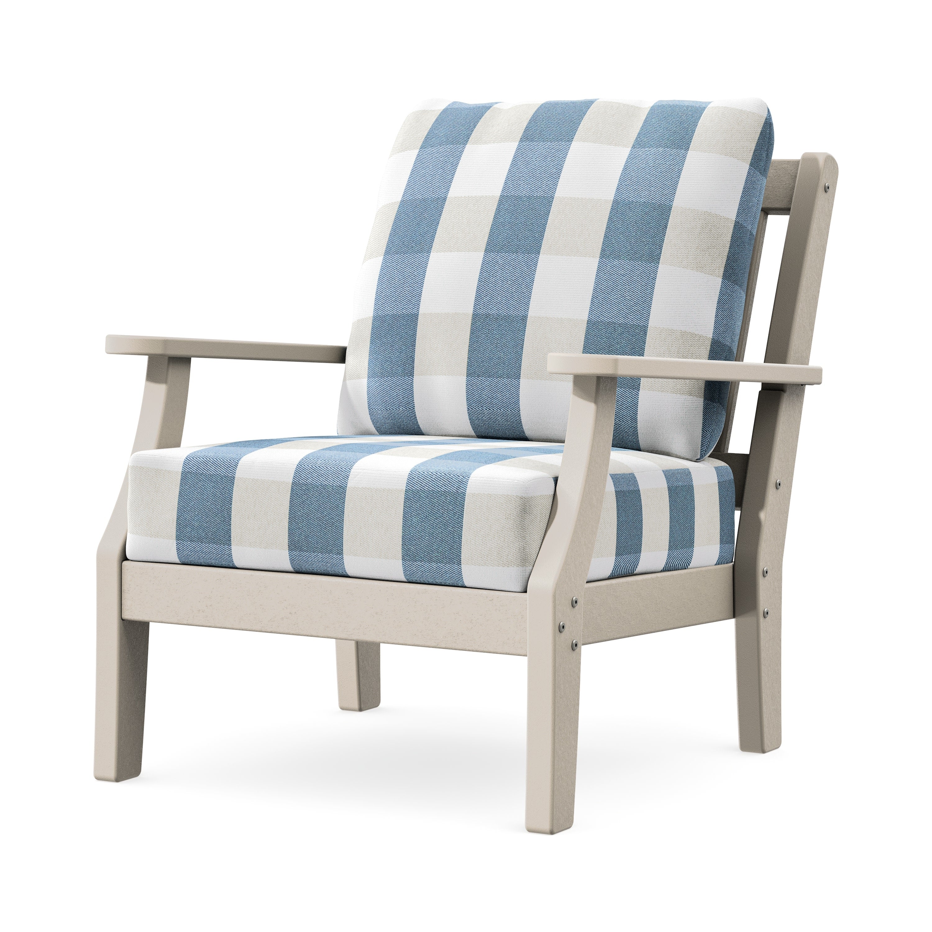 Chinoiserie Deep Seating Chair in Sand / Buffalo Plaid Sky Blue