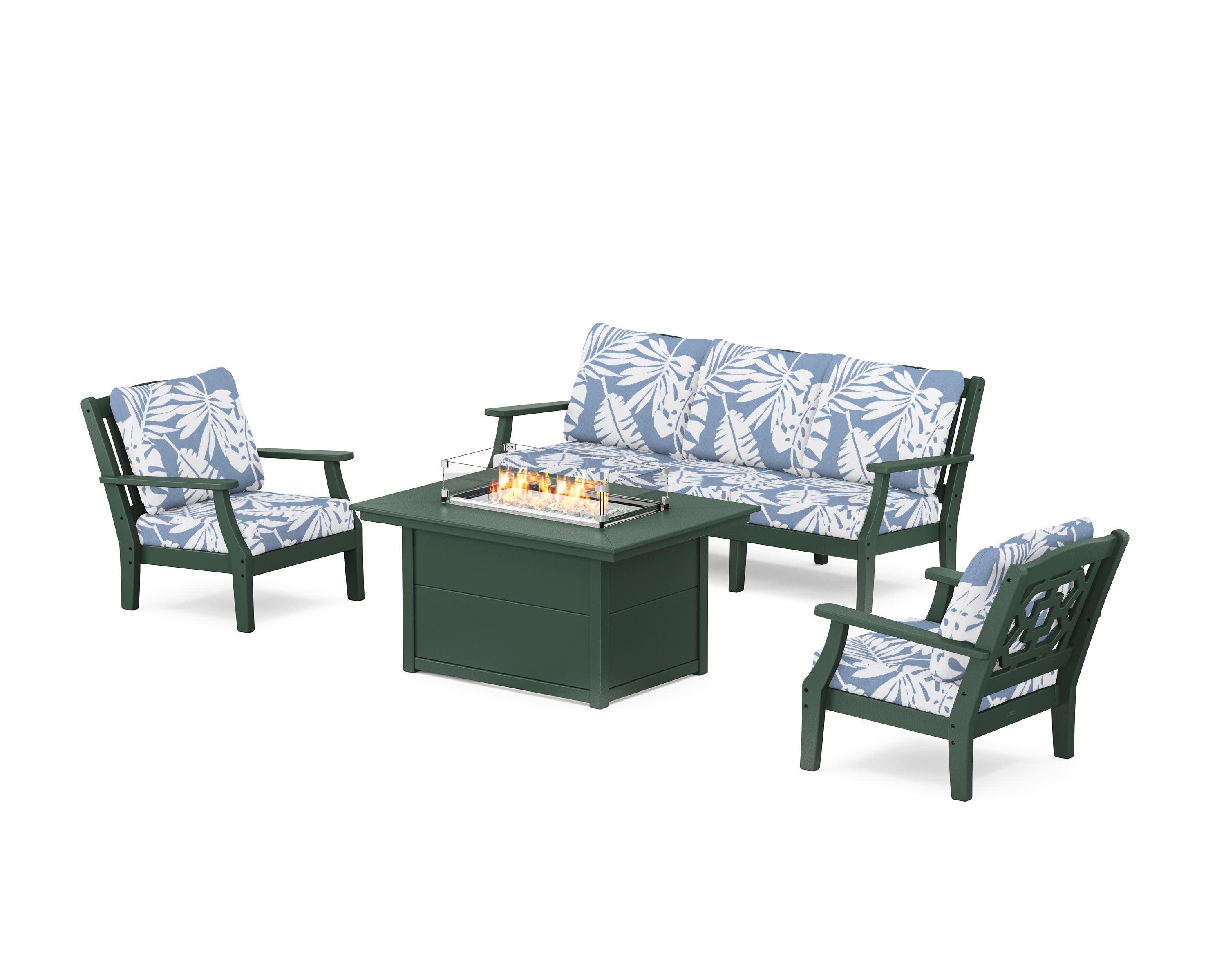 Chinoiserie Deep Seating Fire Pit Table Set in Green / Leaf Sky Blue
