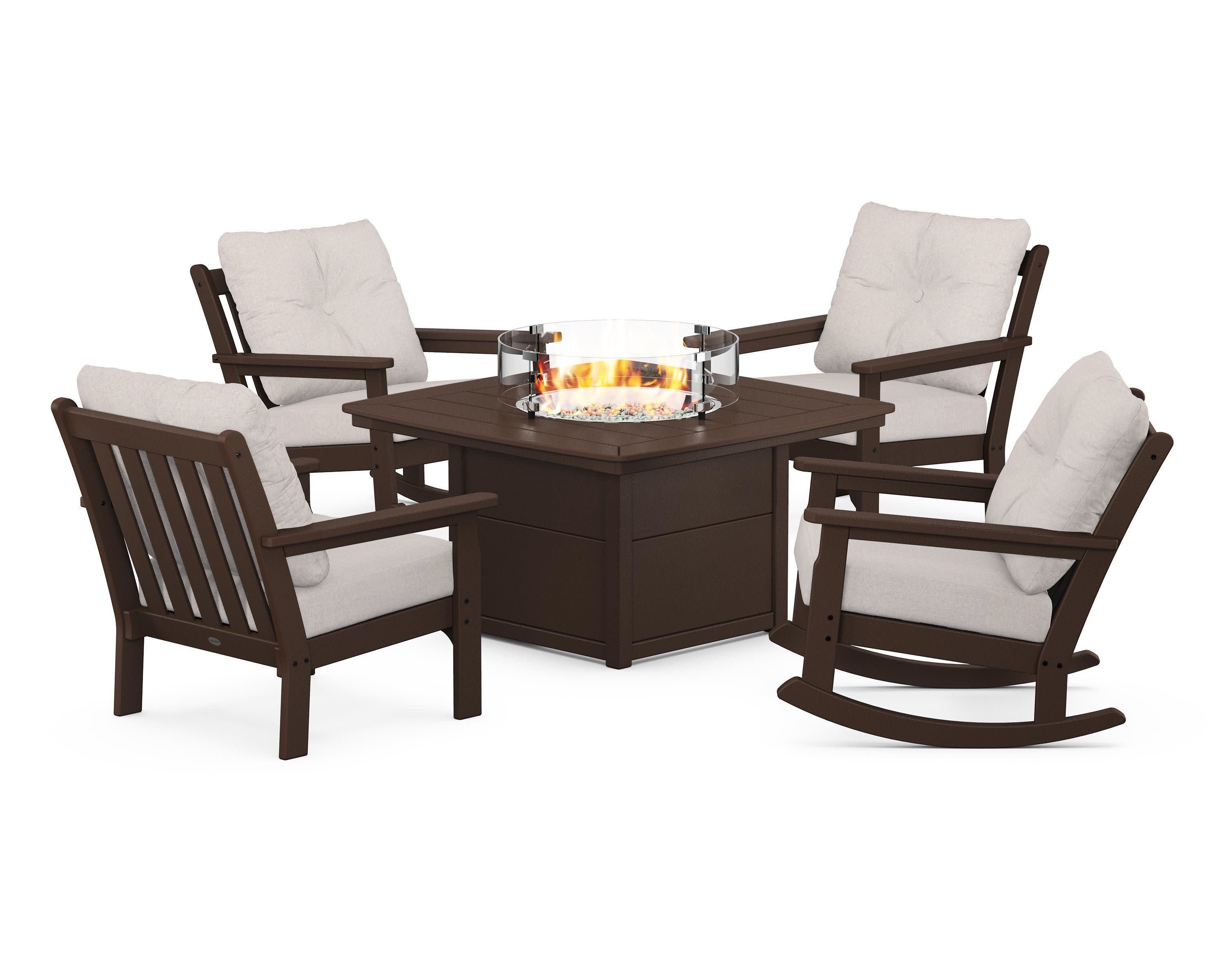 Vineyard 5-Piece Deep Seating Rocking Chair Conversation Set with Fire Pit Table in Mahogany / Dune Burlap