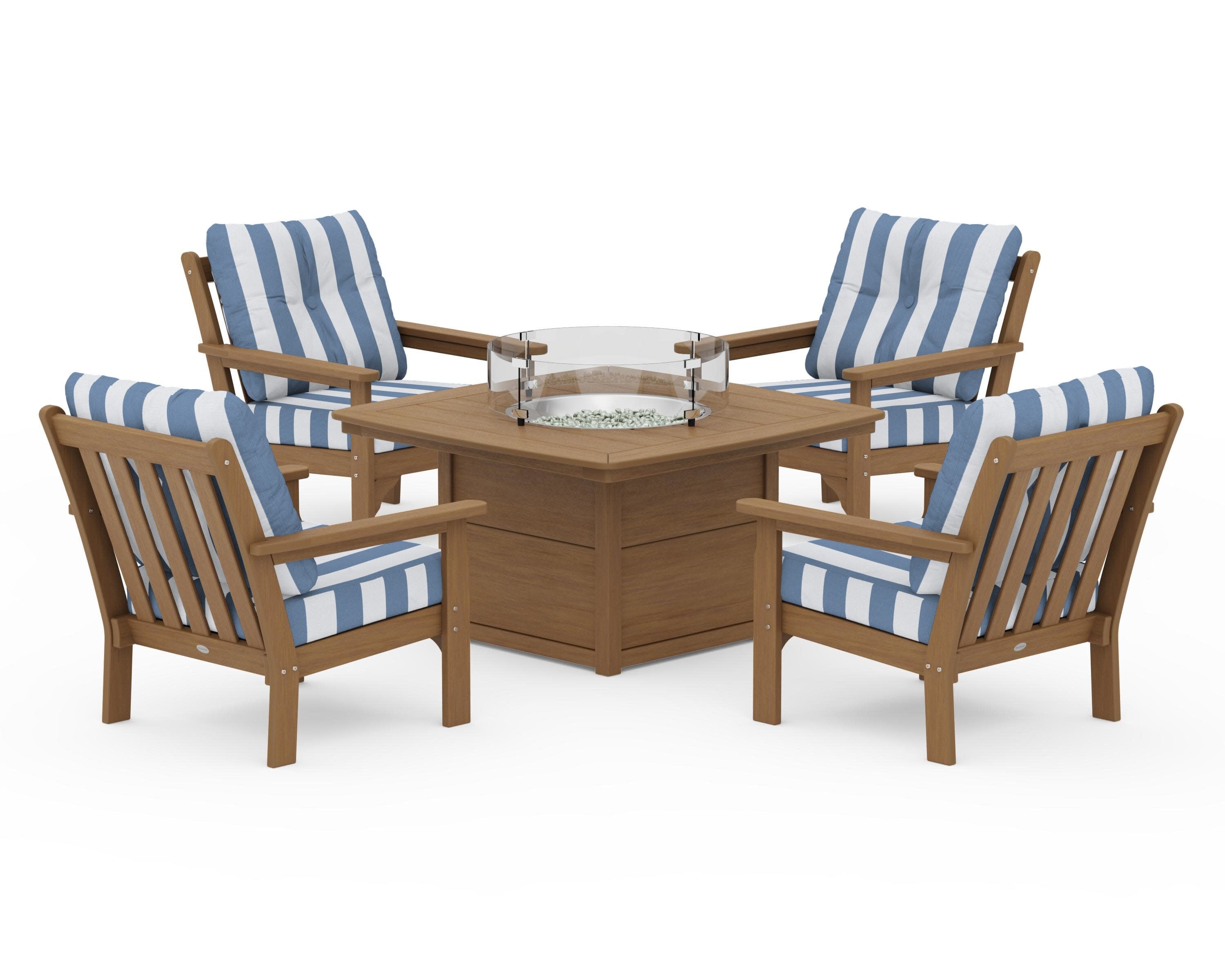 Vineyard 5-Piece Conversation Set with Fire Pit Table in Natural / Cabana Stripe Sky Blue