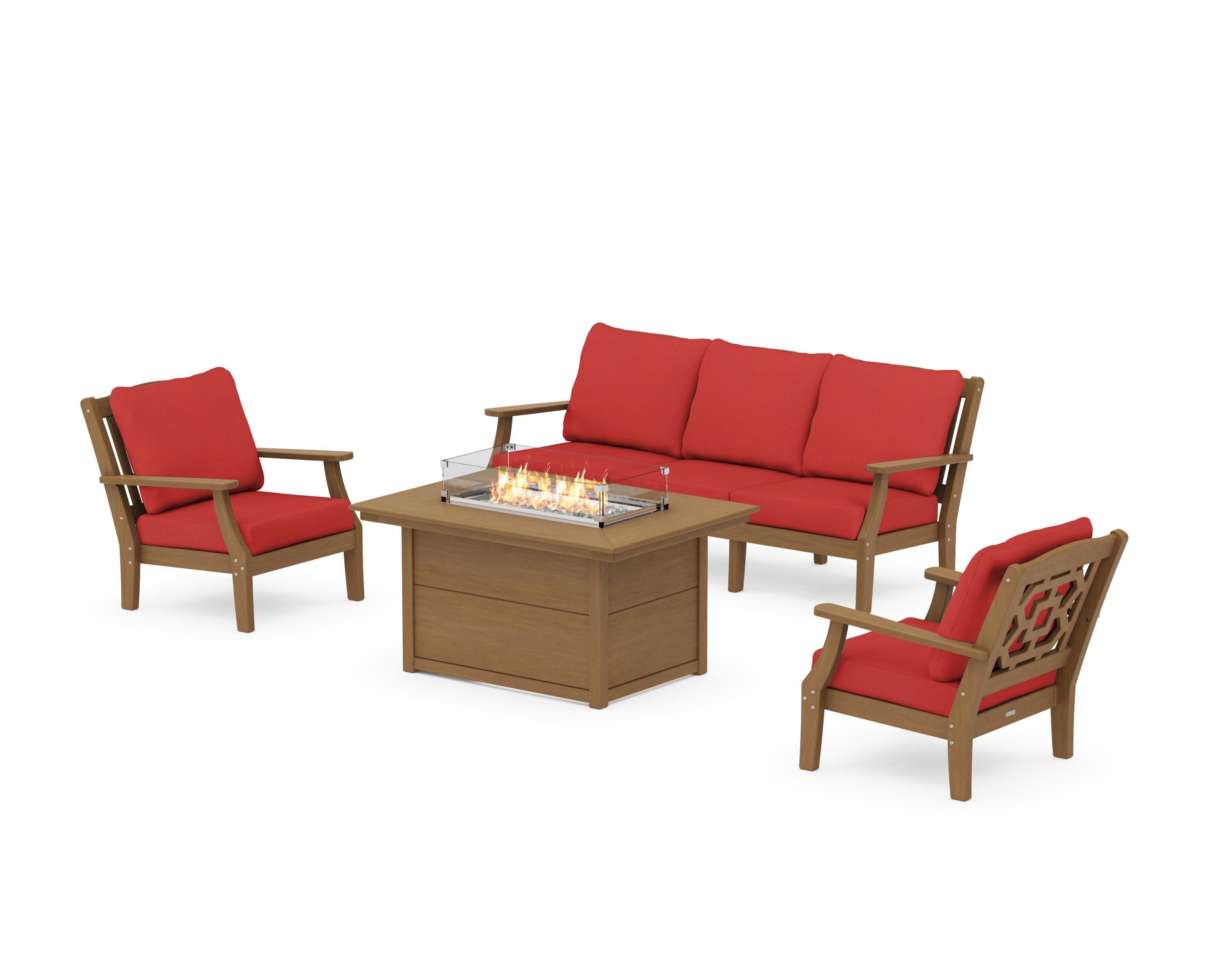 Chinoiserie Deep Seating Fire Pit Table Set in Natural / Crimson Linen