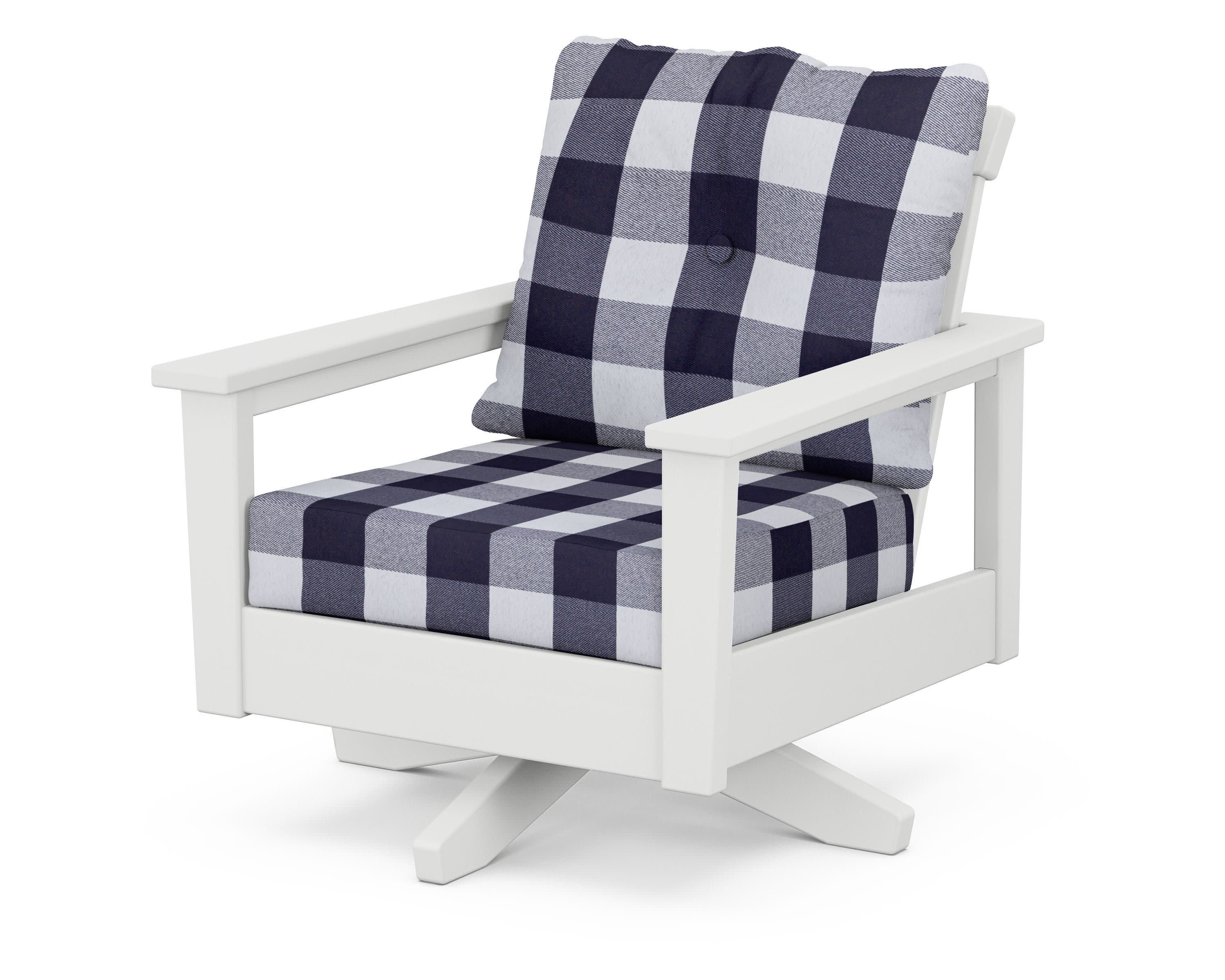 Prescott Deep Seating Swivel Chair in White / Buffalo Plaid Navy