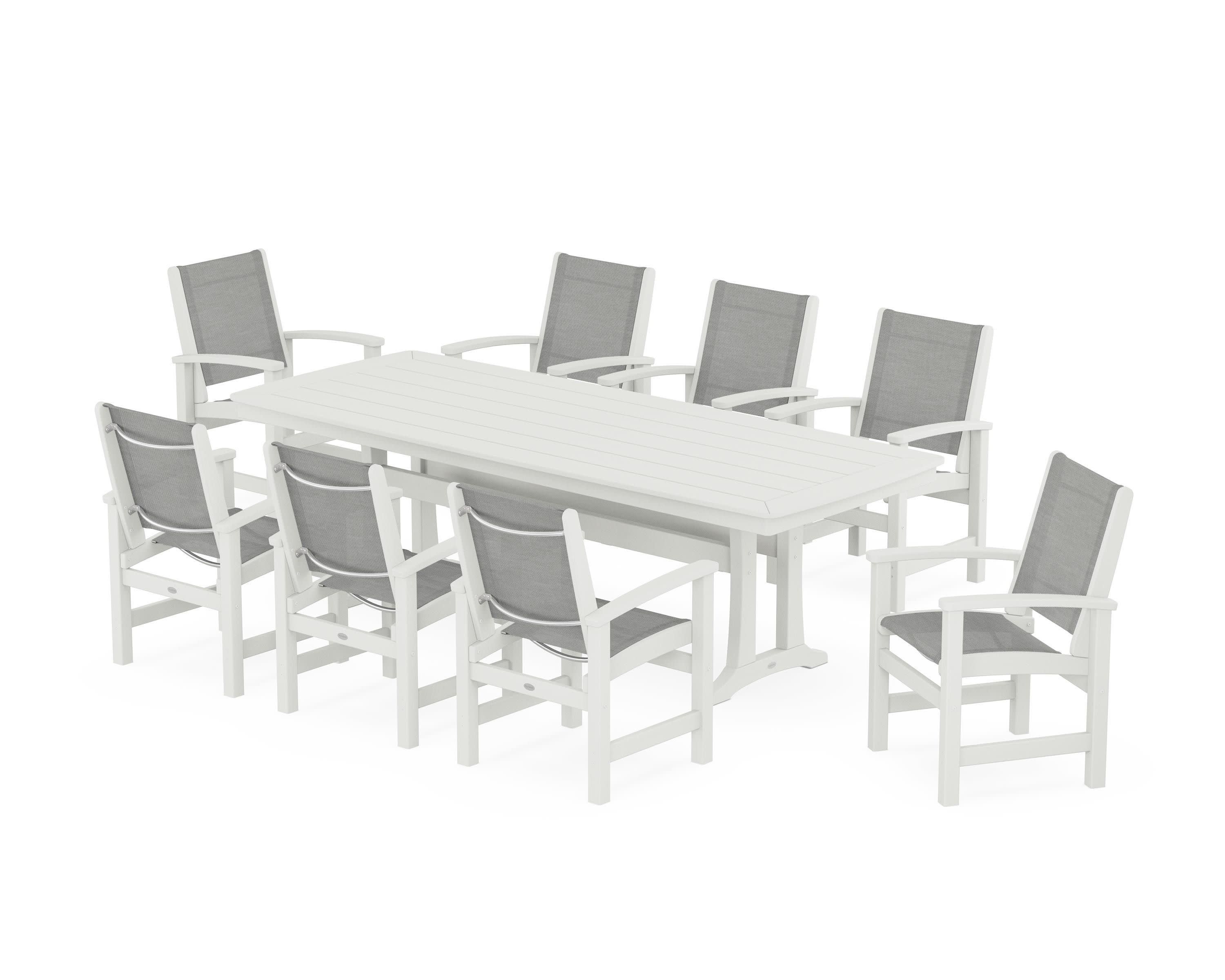Coastal 9-Piece Dining Set with Trestle Legs in Vintage White / Metallic Sling