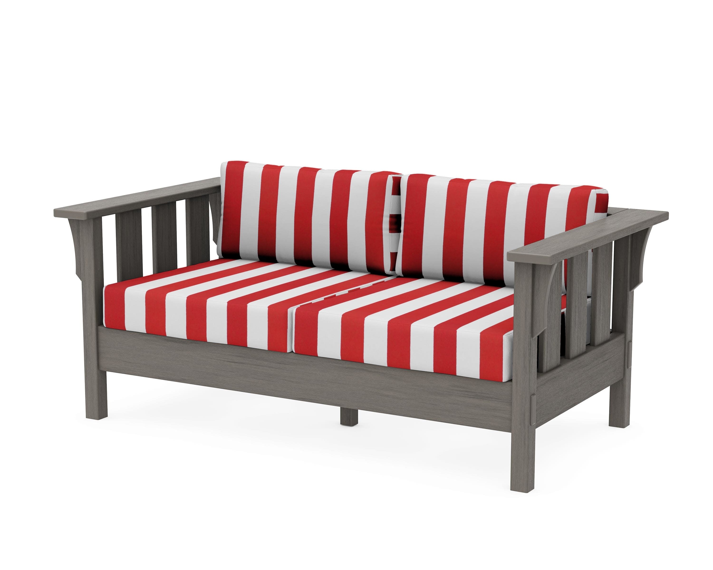 Acadia Deep Seating Loveseat in Driftwood / Cabana Stripe Crimson
