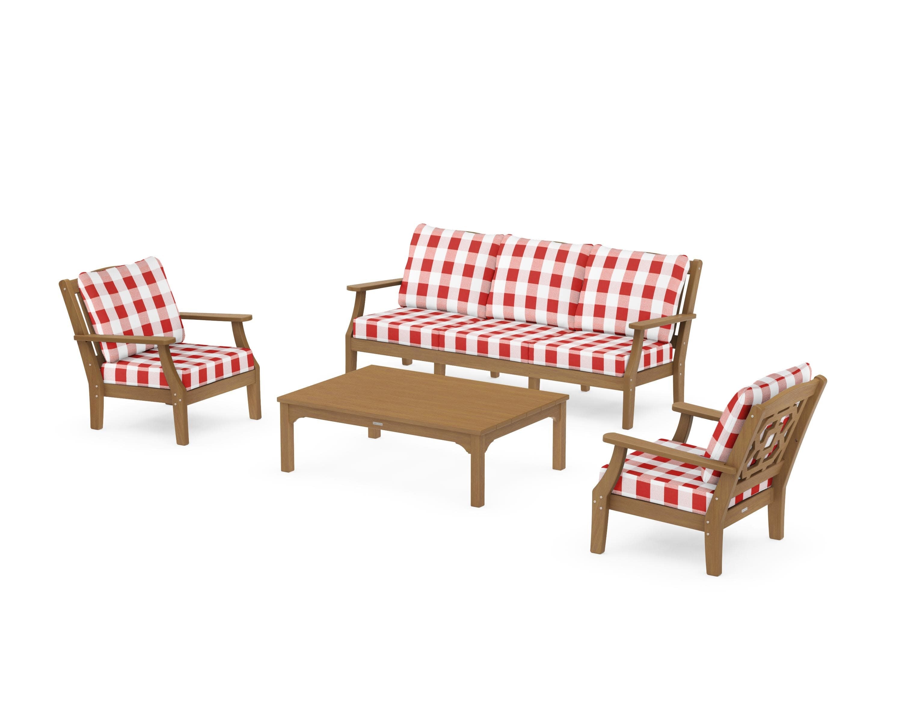 Chinoiserie 4-Piece Deep Seating Set with Sofa in Natural / Buffalo Plaid Crimson