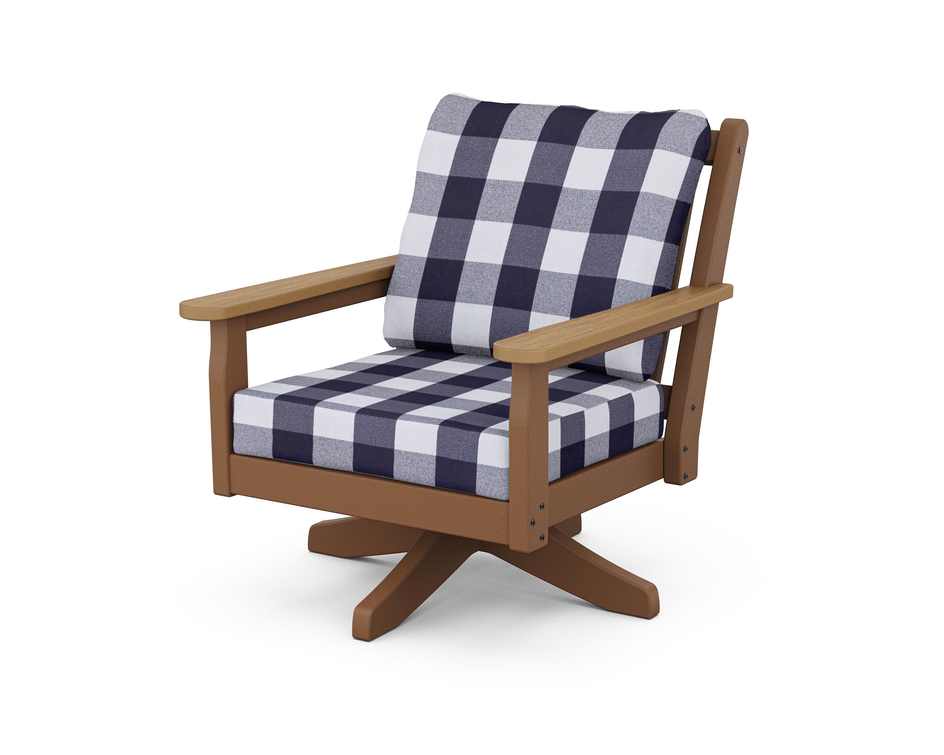 Chippendale Deep Seating Swivel Chair in Teak / Natural / Buffalo Plaid Navy