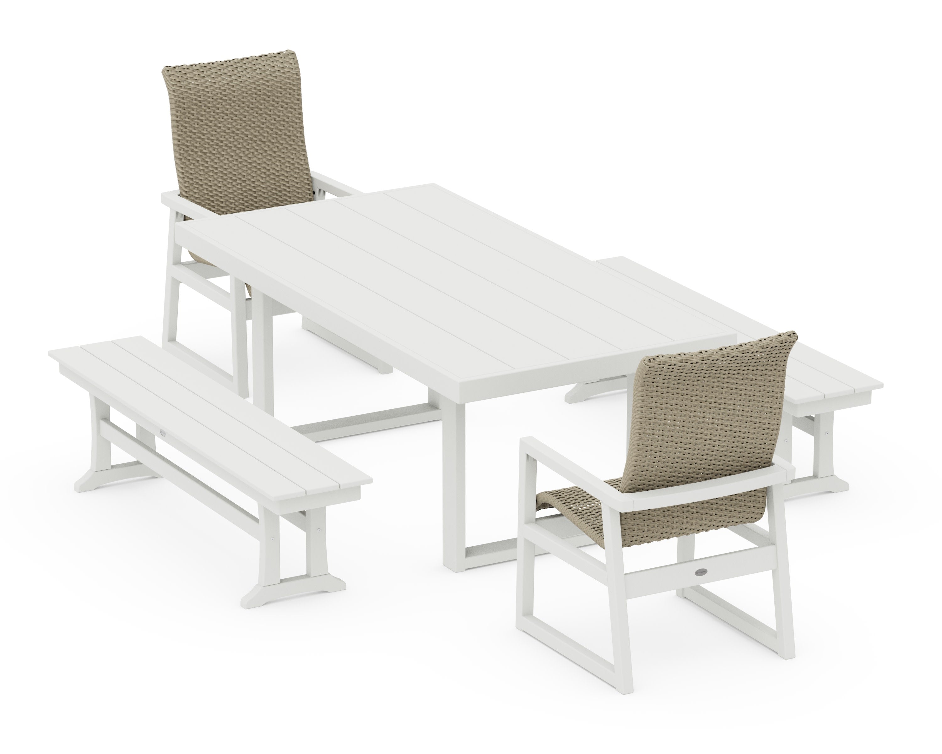 EDGE Woven Highback 5-Piece Dining Set with Benches in White / Dune Grass