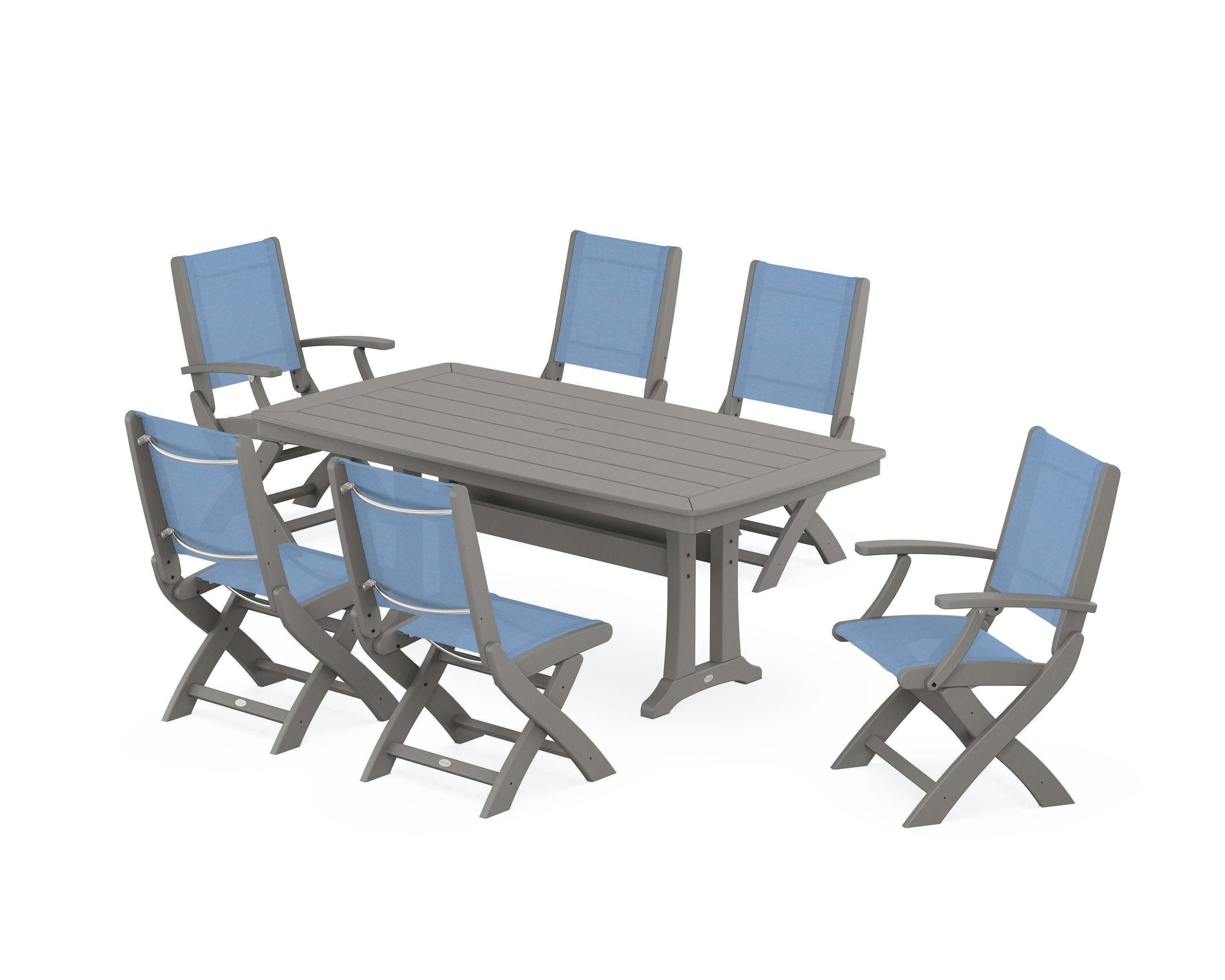 Coastal Folding Chair 7-Piece Dining Set with Trestle Legs in Slate Grey / Poolside Sling