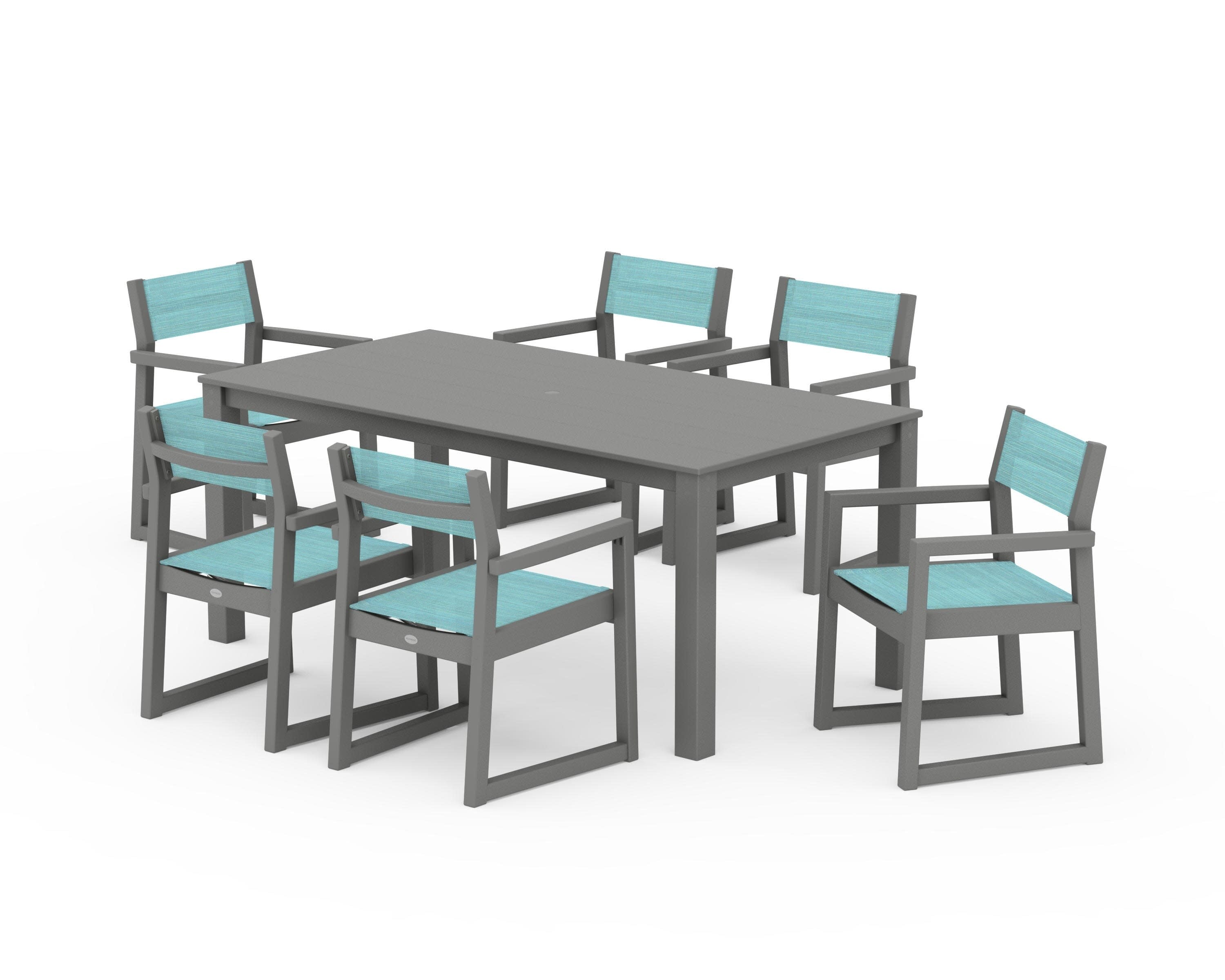 EDGE Sling Arm Chair 7-Piece Parsons Dining Set in Slate Grey / Dupioni Aquamarine Sling