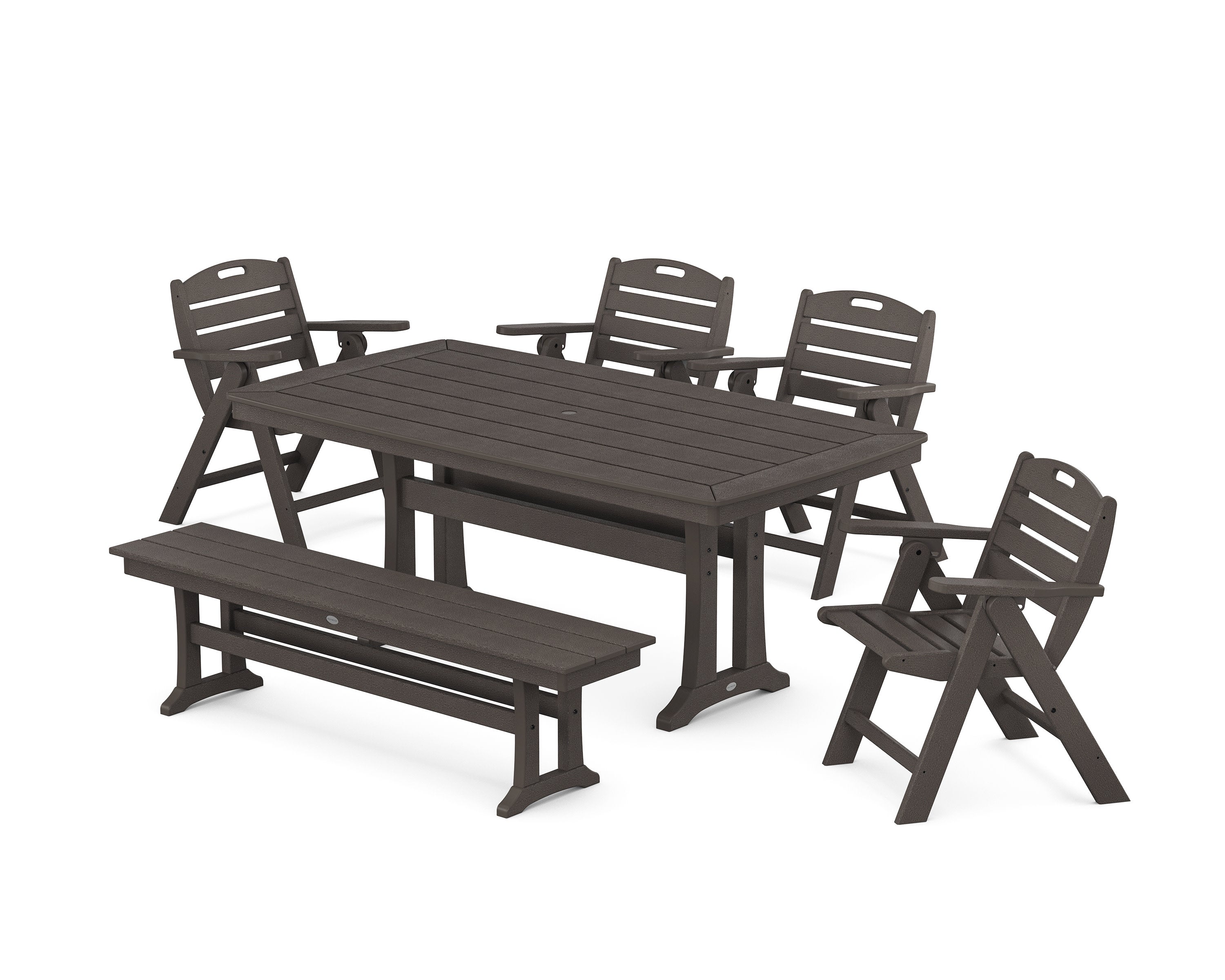 Nautical Lowback 6-Piece Dining Set with Trestle Legs and Bench in Vintage Coffee