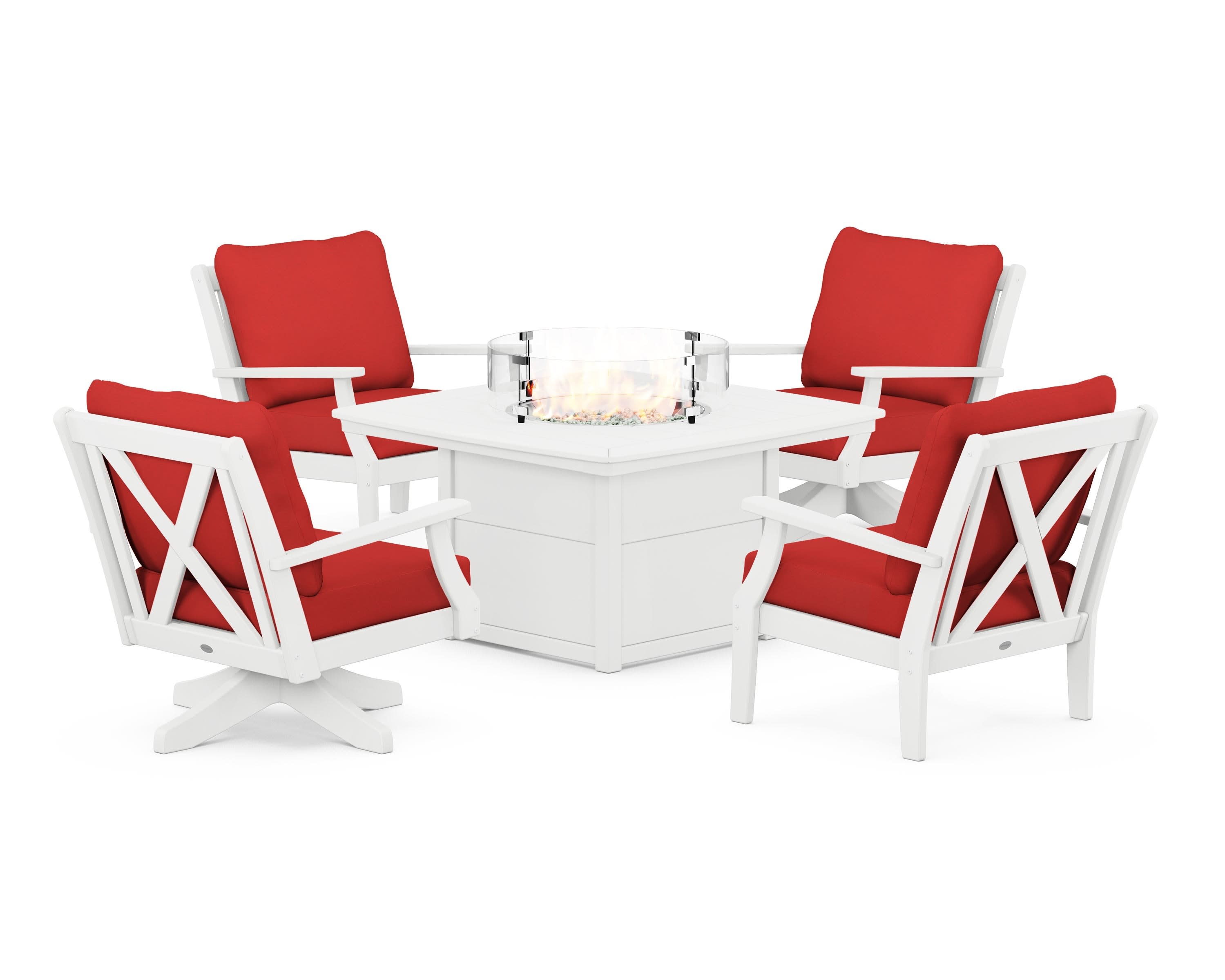 Braxton 5-Piece Deep Seating Set with Fire Table in White / Crimson Linen