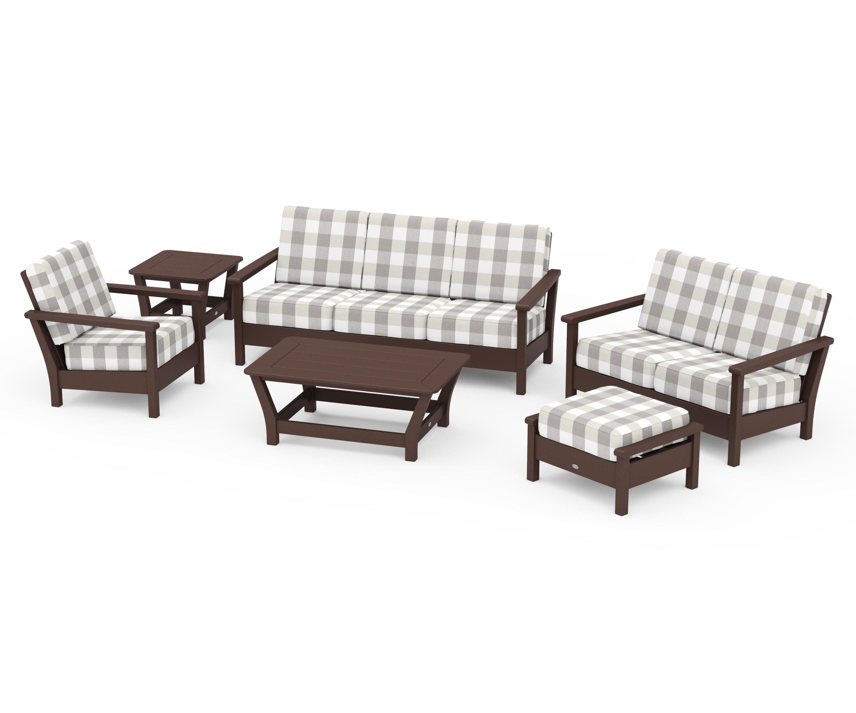Harbour 6-Piece Outdoor Living Set in Mahogany / Buffalo Plaid Grey Mist
