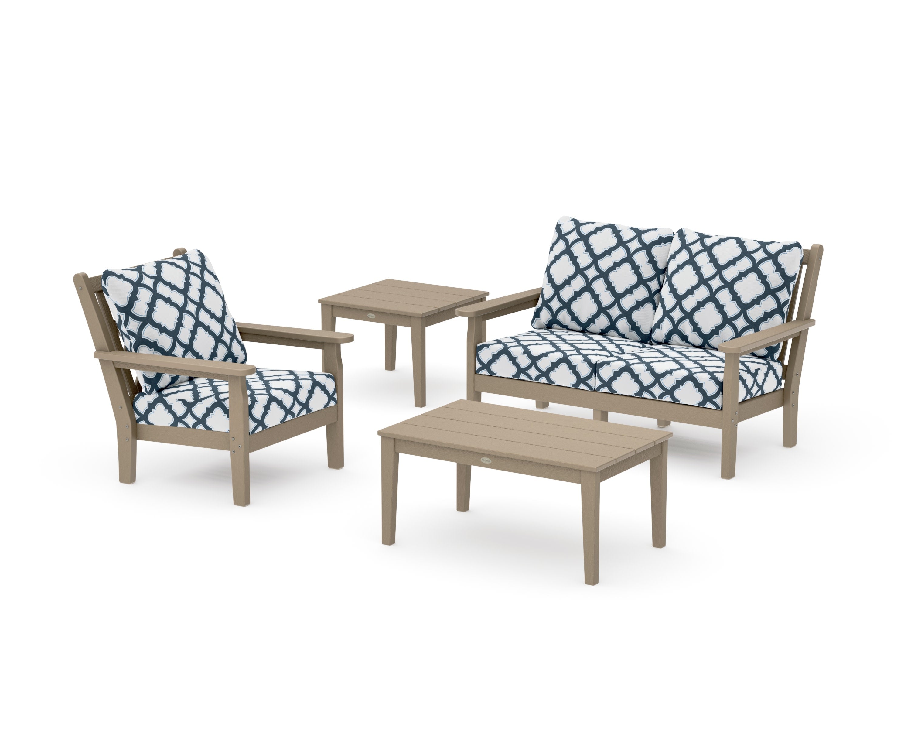 Chippendale 4-Piece Deep Seating Set in Vintage Sahara / Trellis Marine Indigo