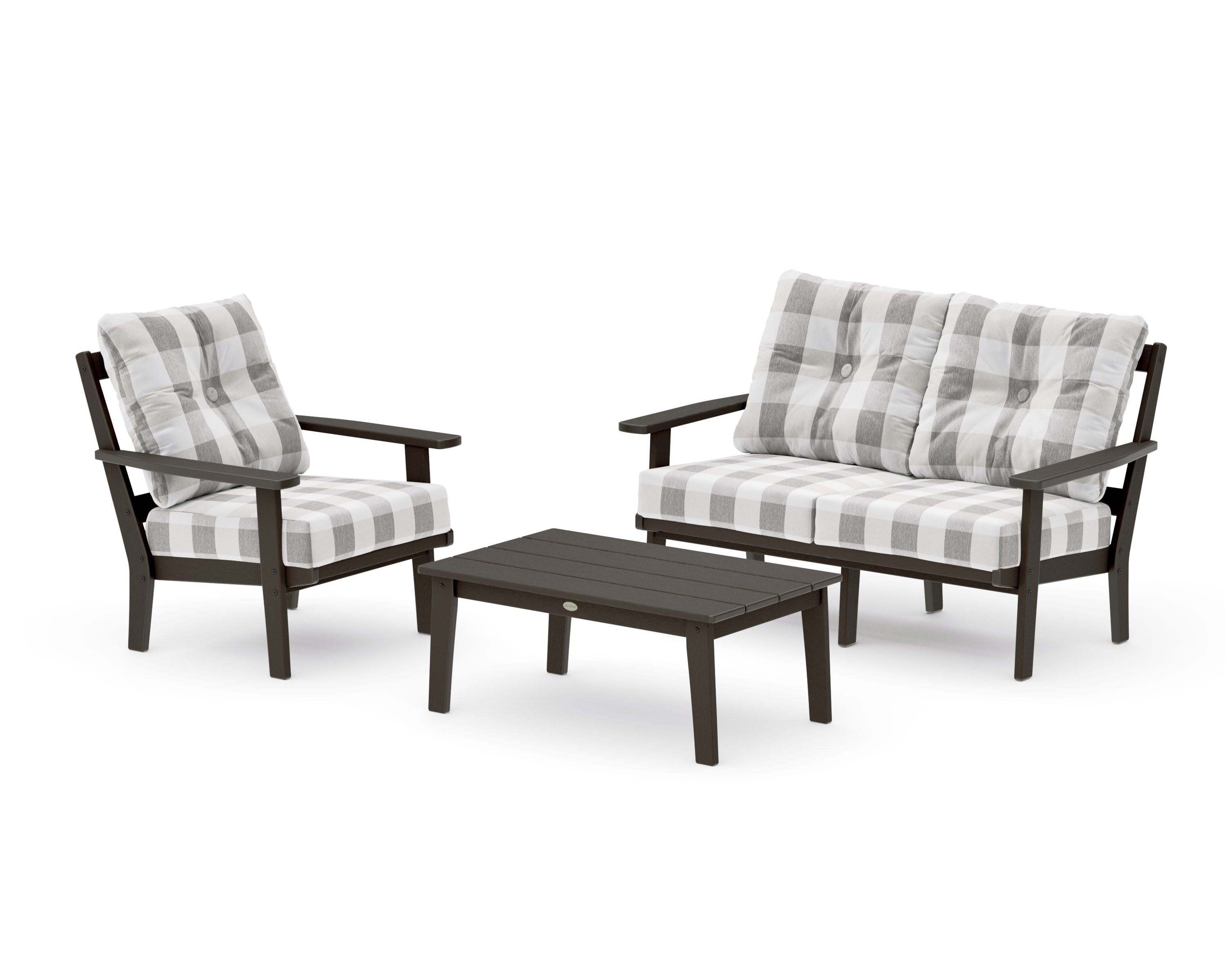 Oxford 3-Piece Deep Seating Set with Loveseat in Vintage Coffee / Buffalo Plaid Grey Mist