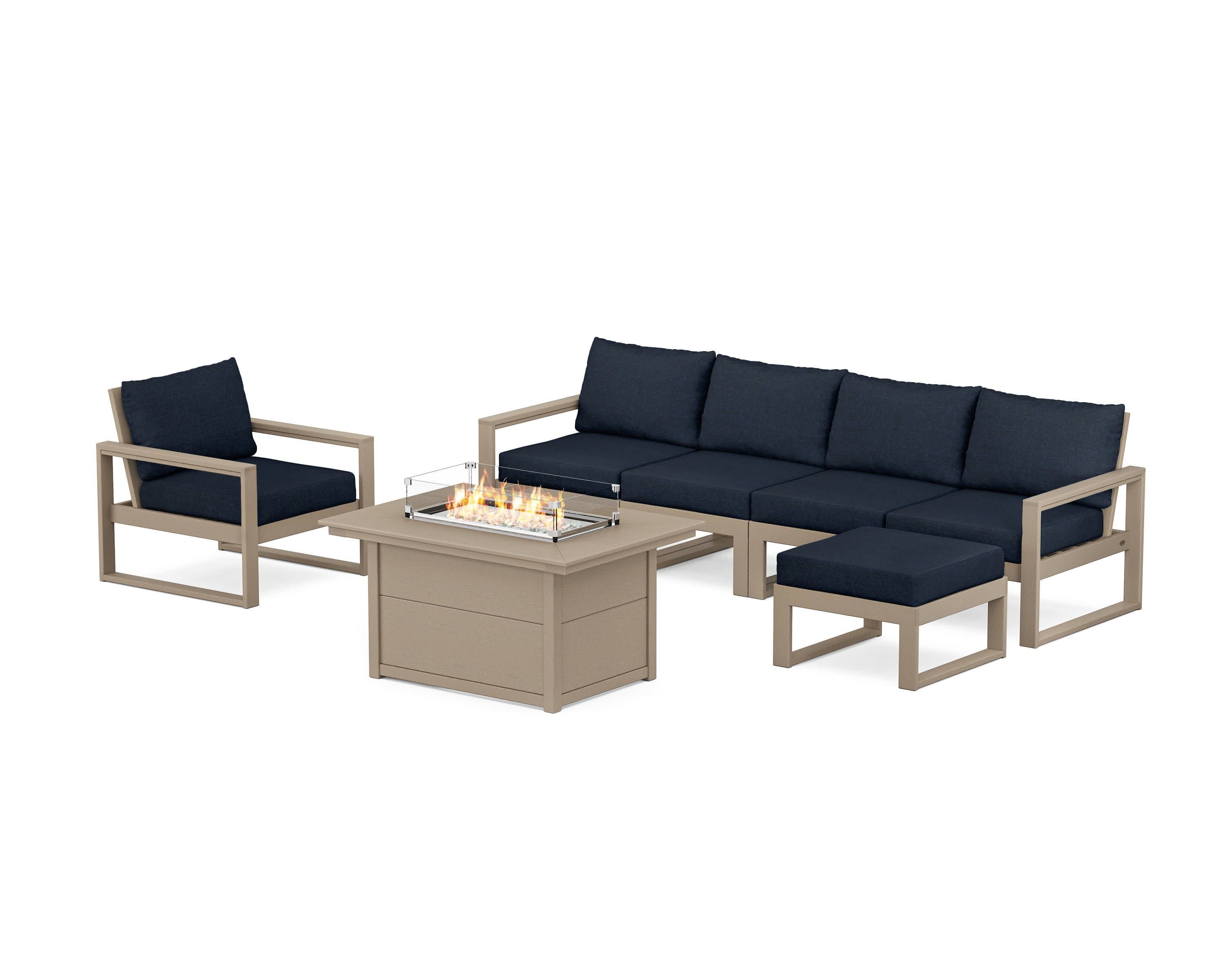 EDGE Sectional Lounge and Fire Pit Set in Vintage Sahara / Marine Indigo