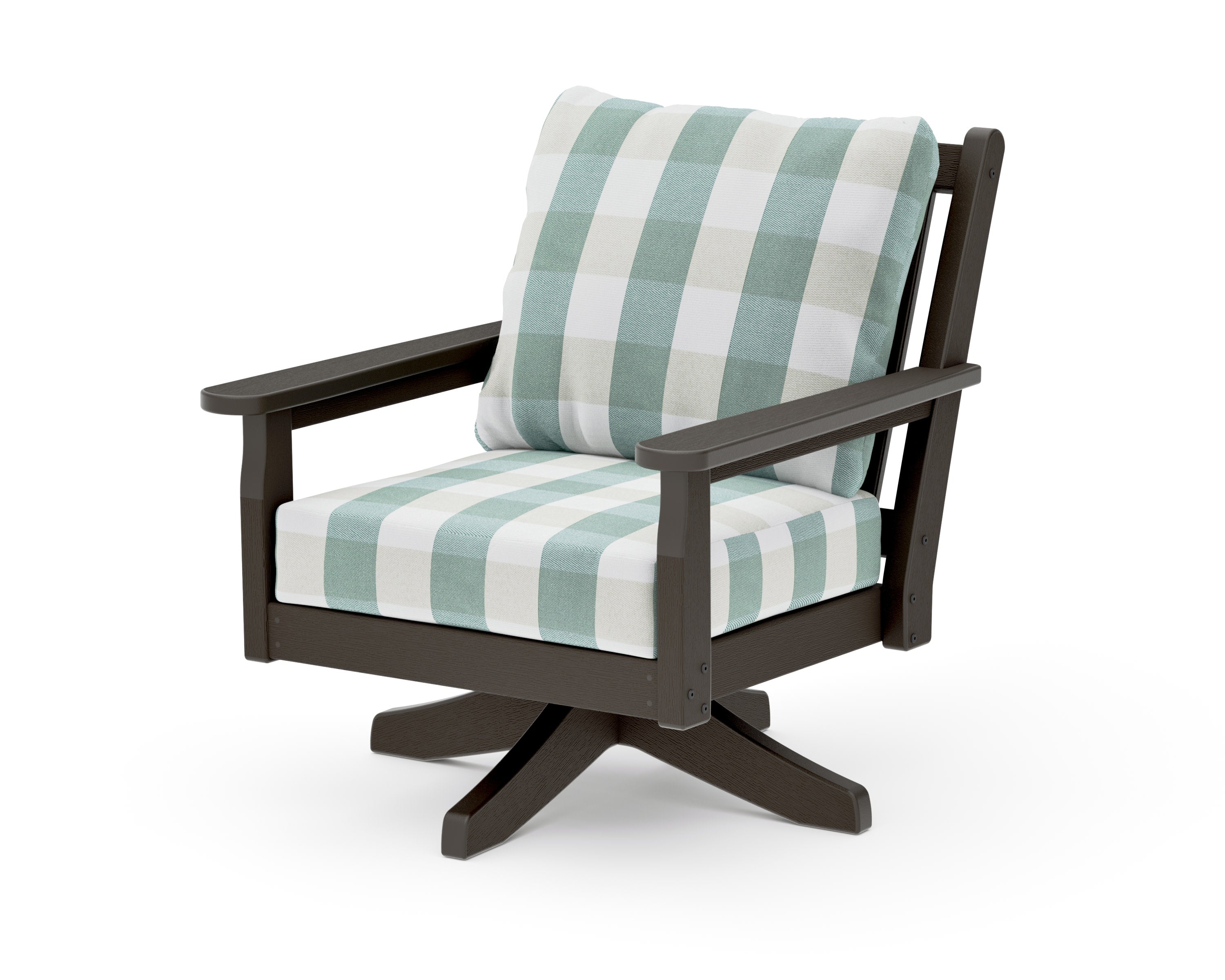 Chippendale Deep Seating Swivel Chair in Vintage Coffee / Buffalo Plaid Glacier Spa