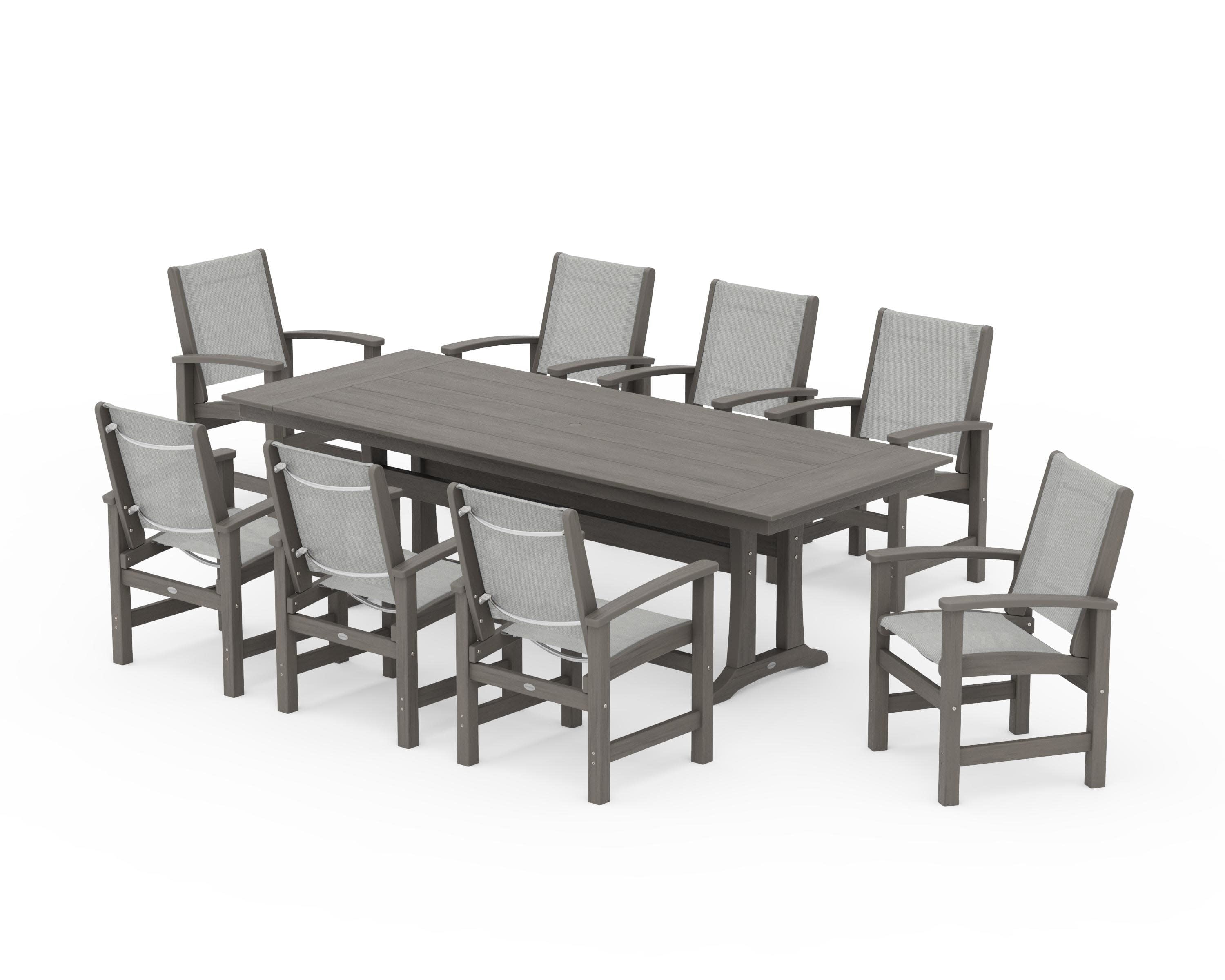 Coastal 9-Piece Farmhouse Dining Set with Trestle Legs in Driftwood / Metallic Sling