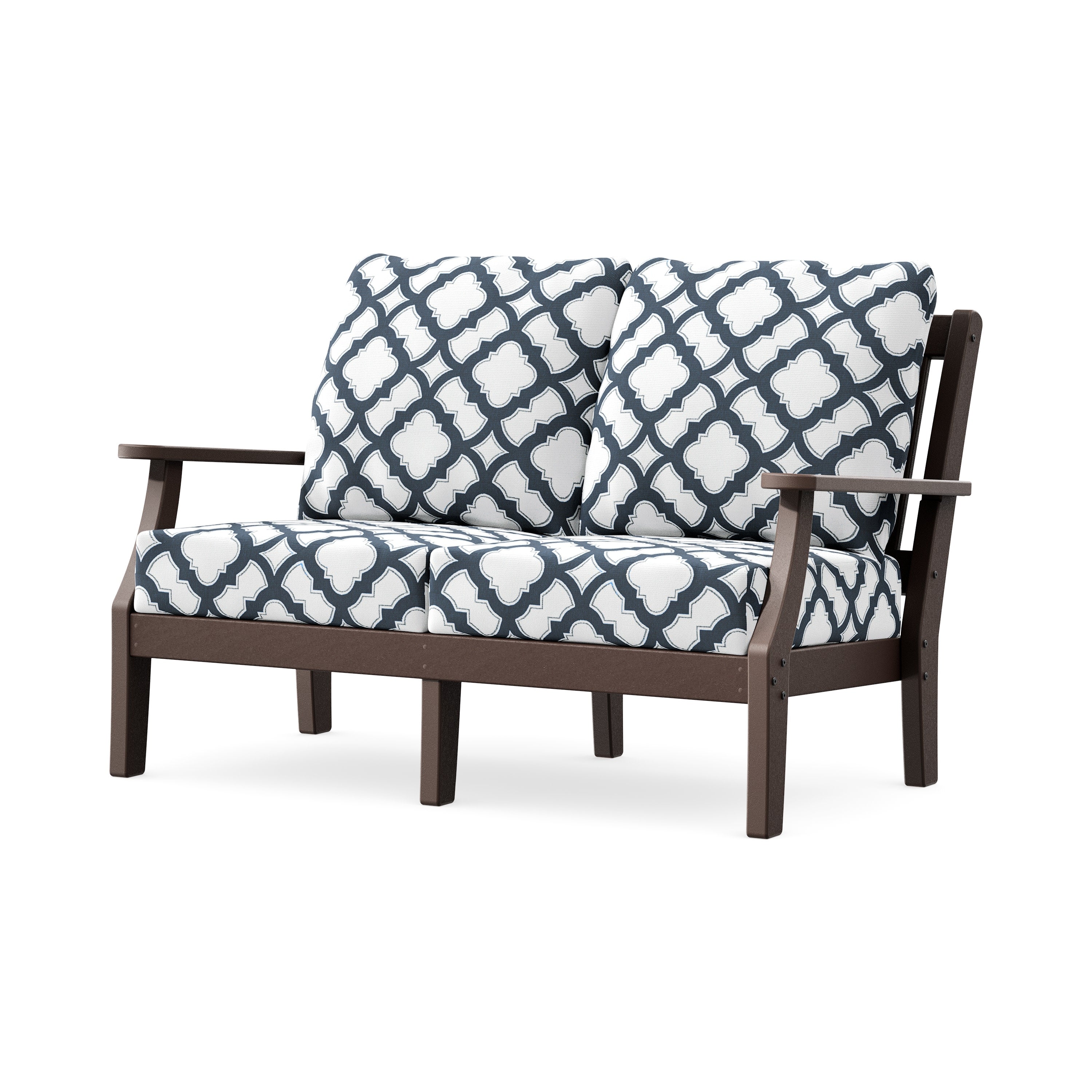 Chinoiserie Deep Seating Loveseat in Mahogany / Trellis Marine Indigo