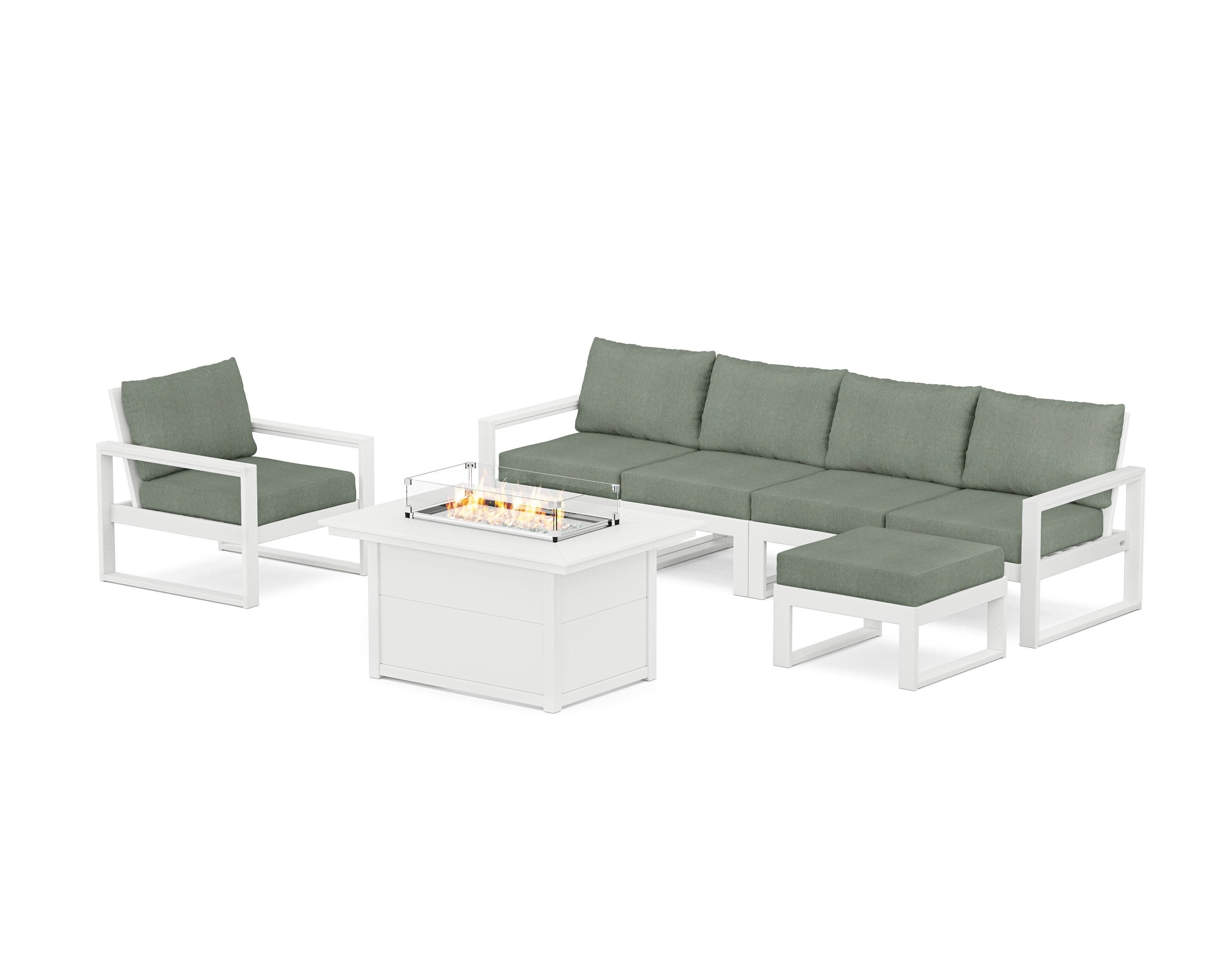 EDGE Sectional Lounge and Fire Pit Set in White / Cast Sage