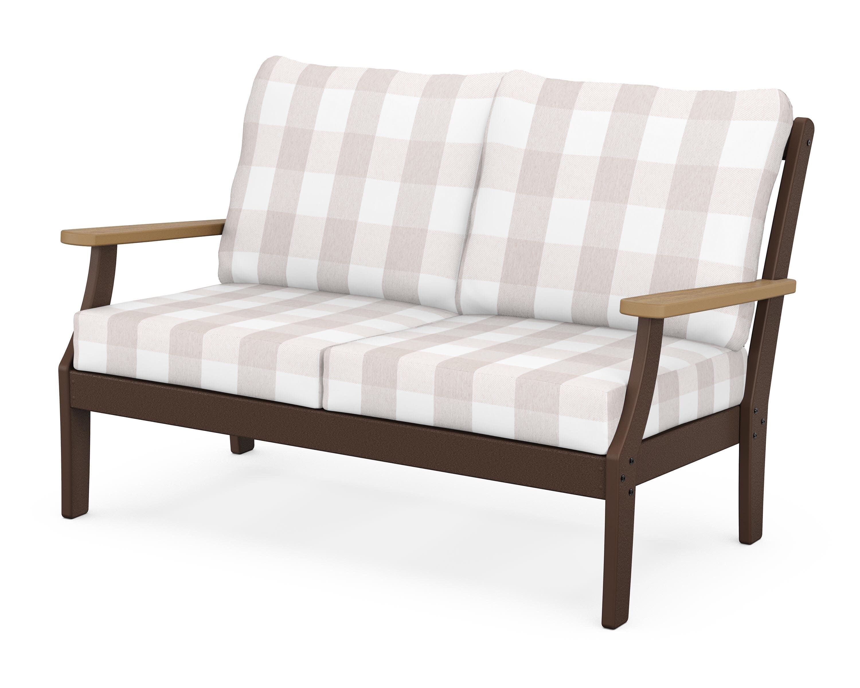 Braxton Deep Seating Loveseat in Mahogany / Natural / Buffalo Plaid Dune Burlap