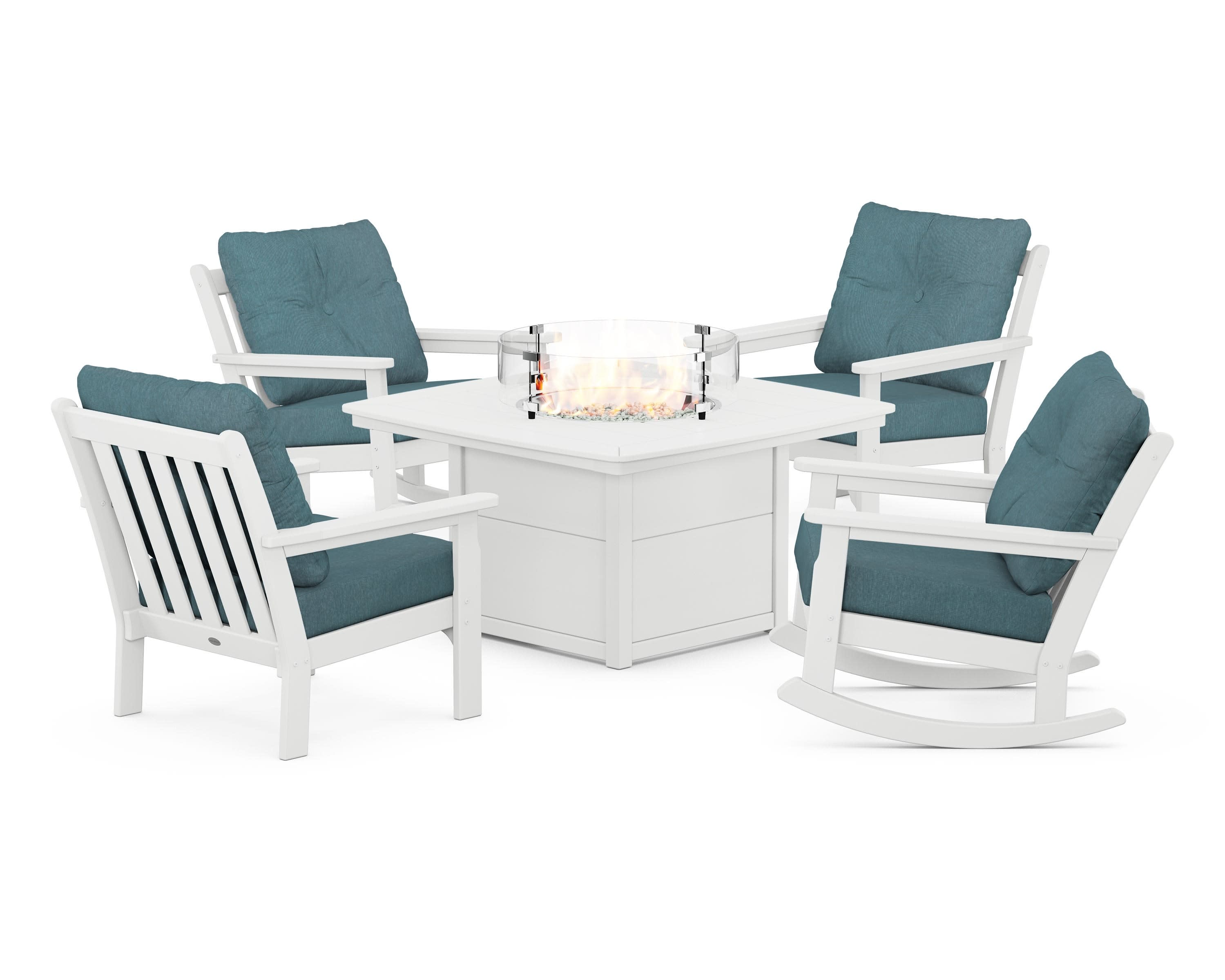 Vineyard 5-Piece Deep Seating Rocking Chair Conversation Set with Fire Pit Table in White / Ocean Teal